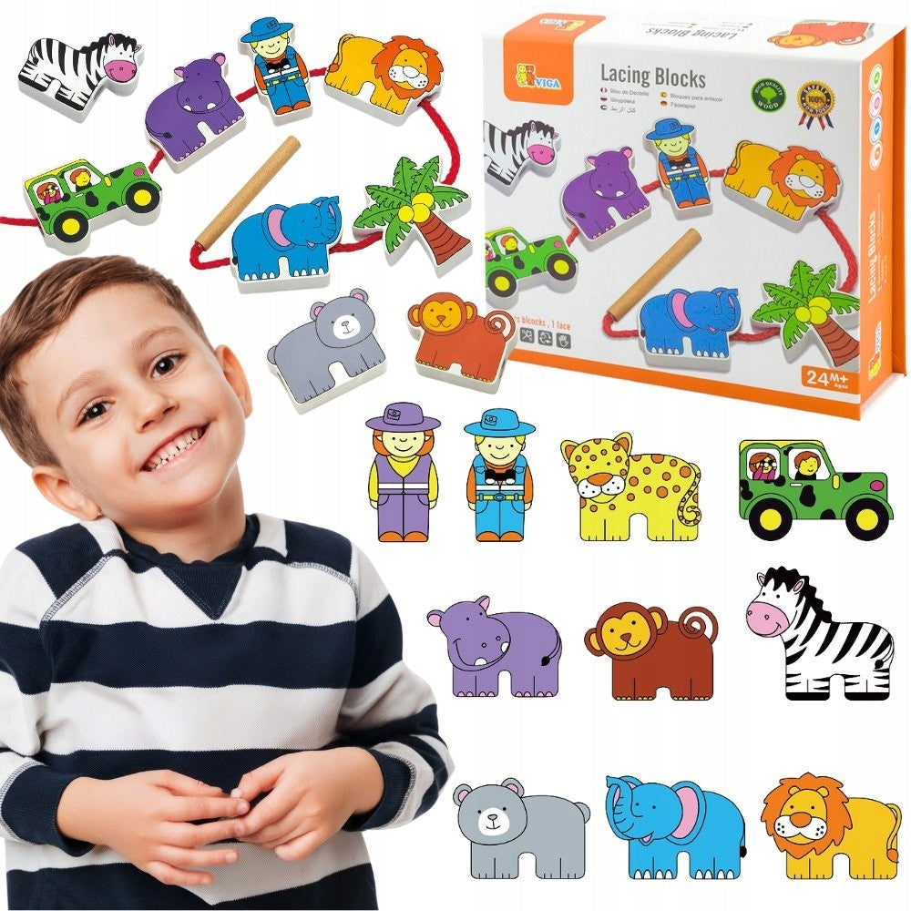 VIGA Wooden Threader Interleaved Blocks Safari ZOO ANIMALS