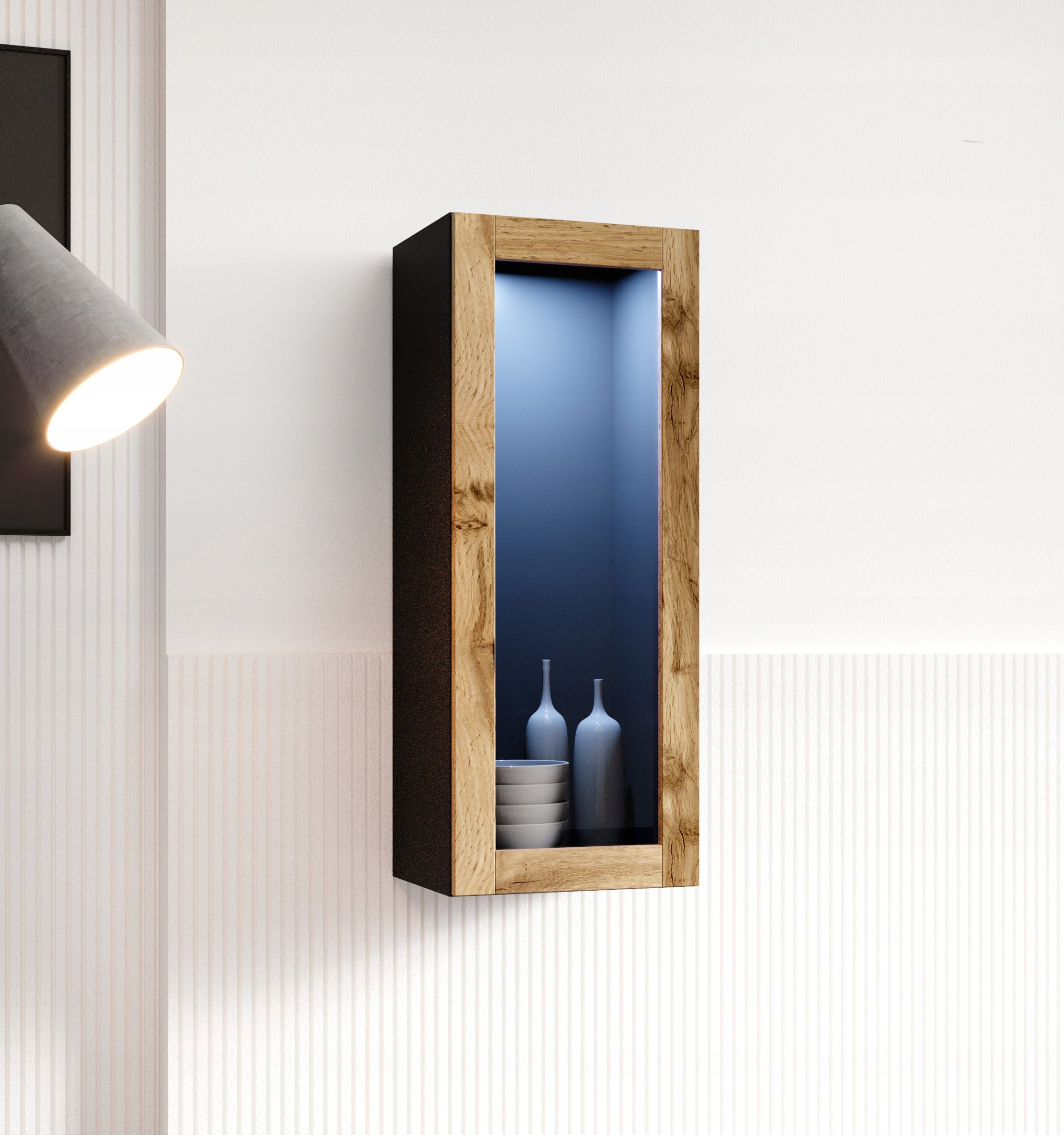 VIGO 90 display cabinet, black glass/wotan oak - Cama Meble EAN (GTIN) 5903815006180