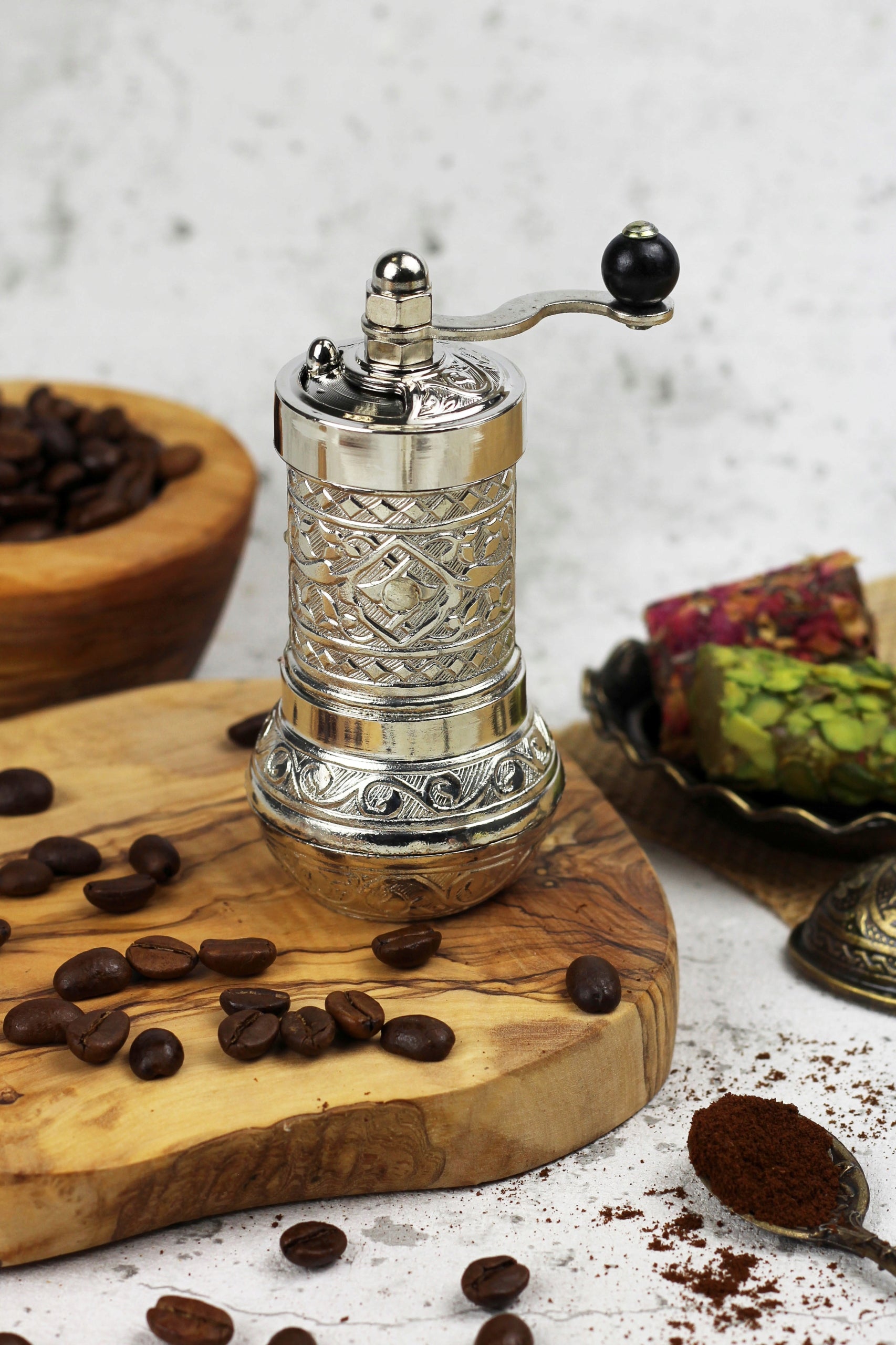 VINTAGE TURKISH DECORATED HAND MILL | SILVER Model SREBRO