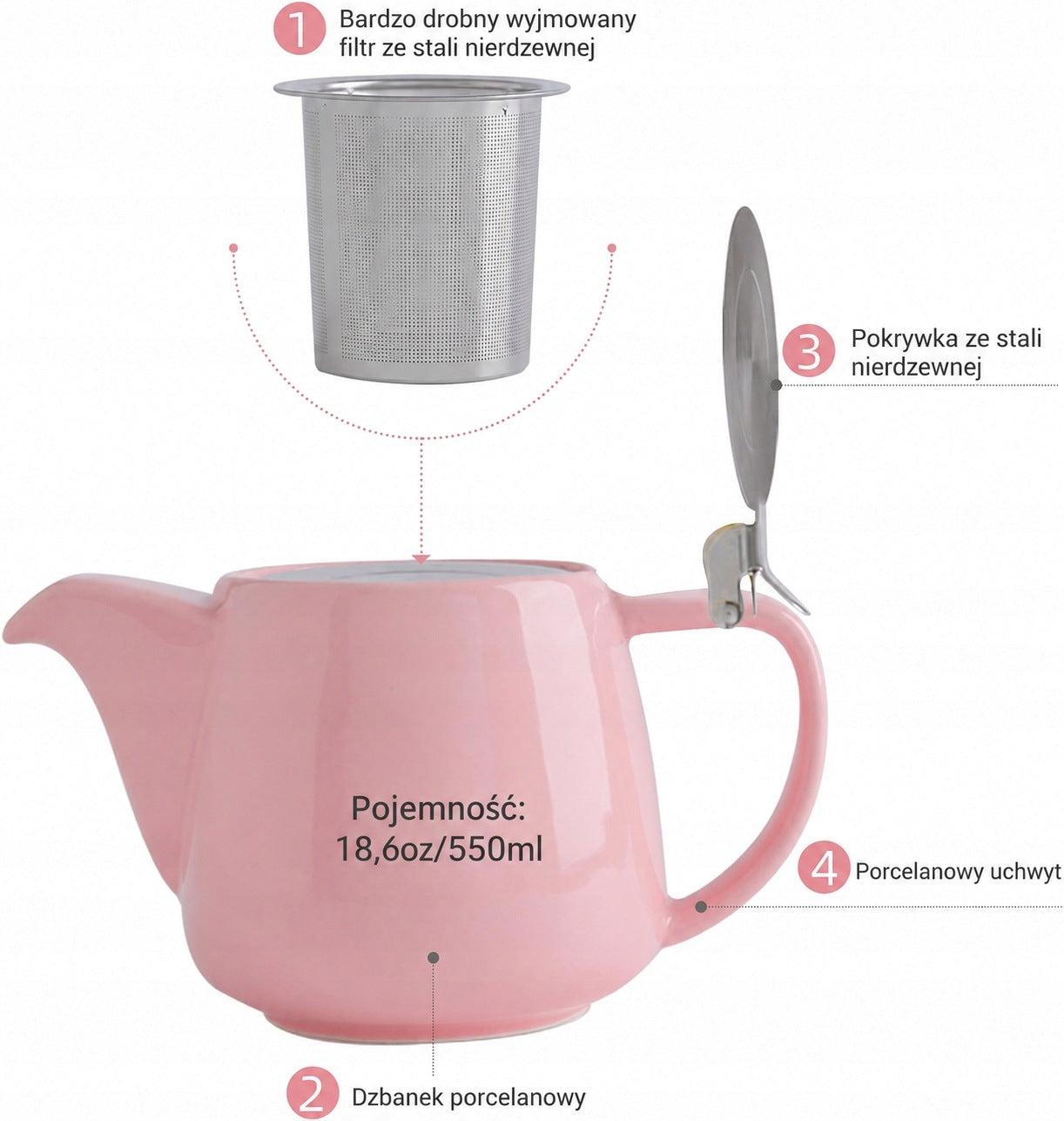 VIVILINEN Porcelain teapot with brewer 550ml Tea pot Pink Manufacturer code AAAABBB1006386
