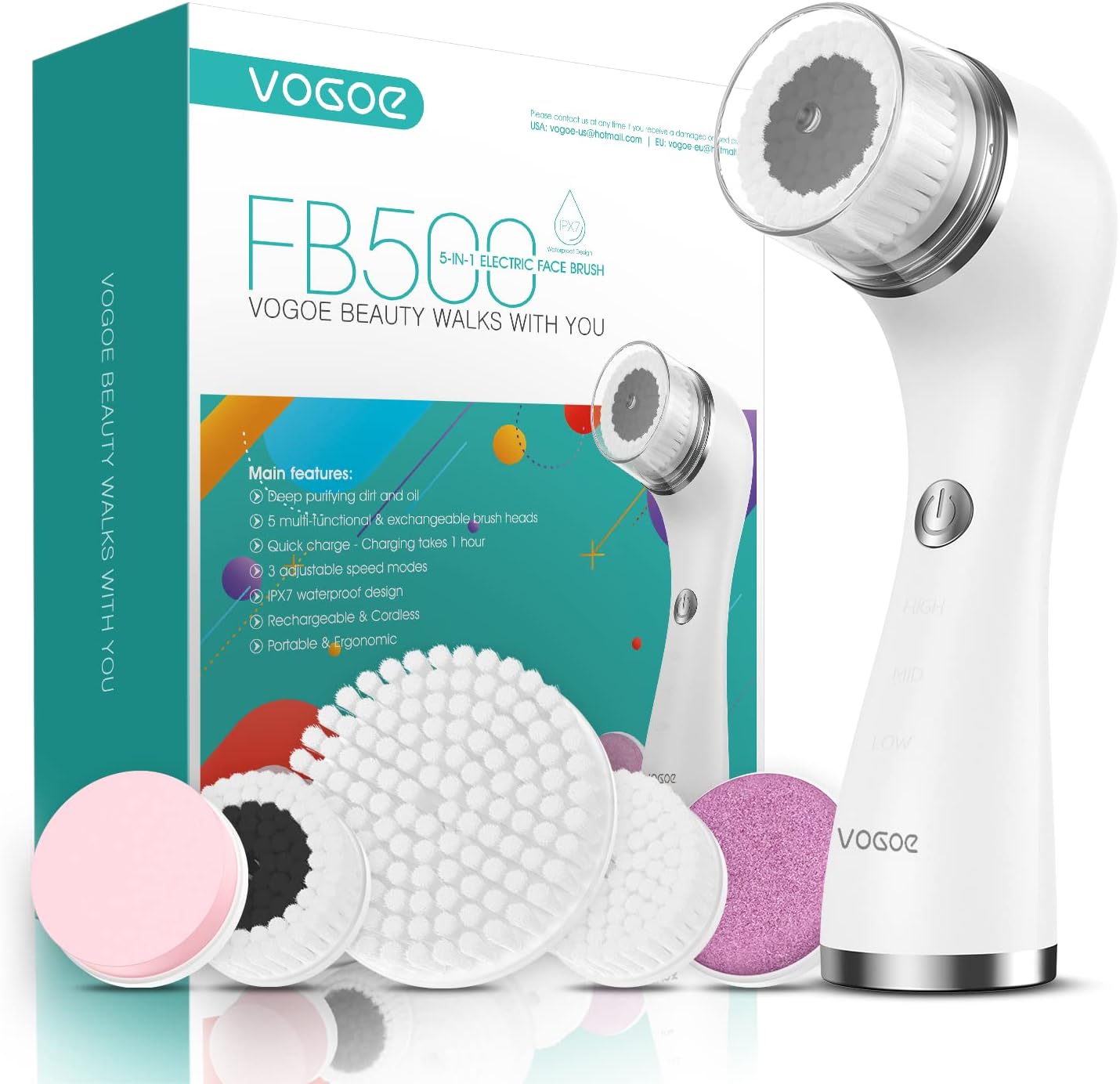 VOGOE Face Cleaning Brush Rechargeable IPX7 5 Brushes