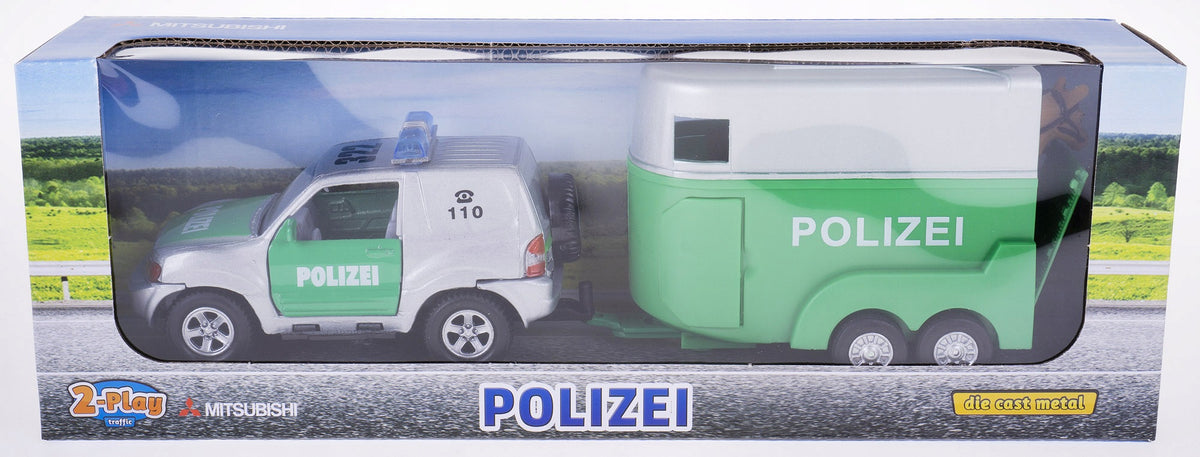 VOLKSWAGEN T6.1 2019 POLICE WITH HORSE TRAILER 26CM + 2 HORSES KIDS GLOBE Packaging status original