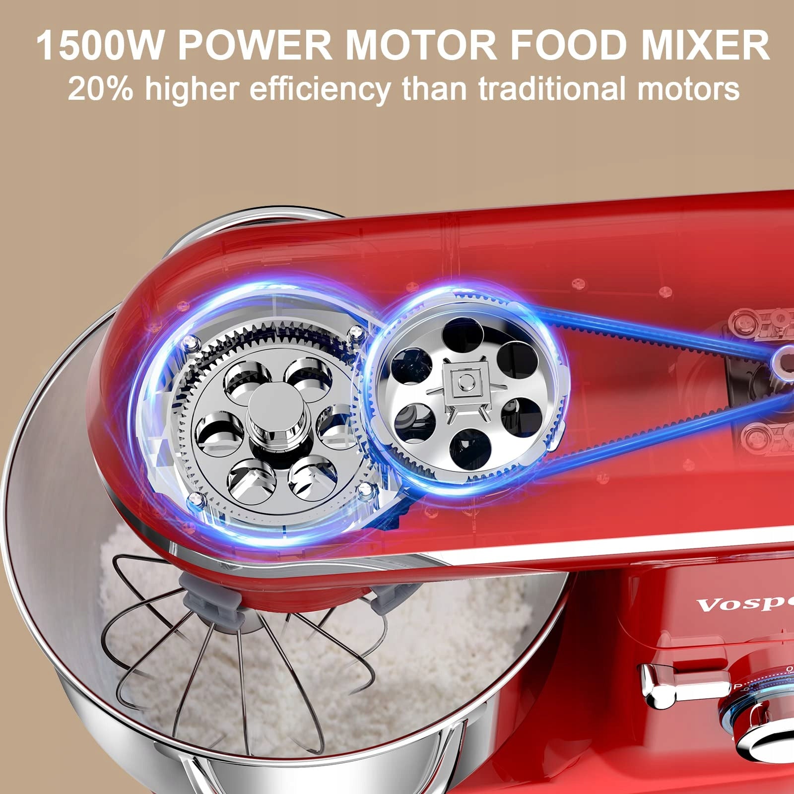 VOSPEED Kitchen Mixer 1500W 6 Speeds 6.2L Bowl Red Packaging status original