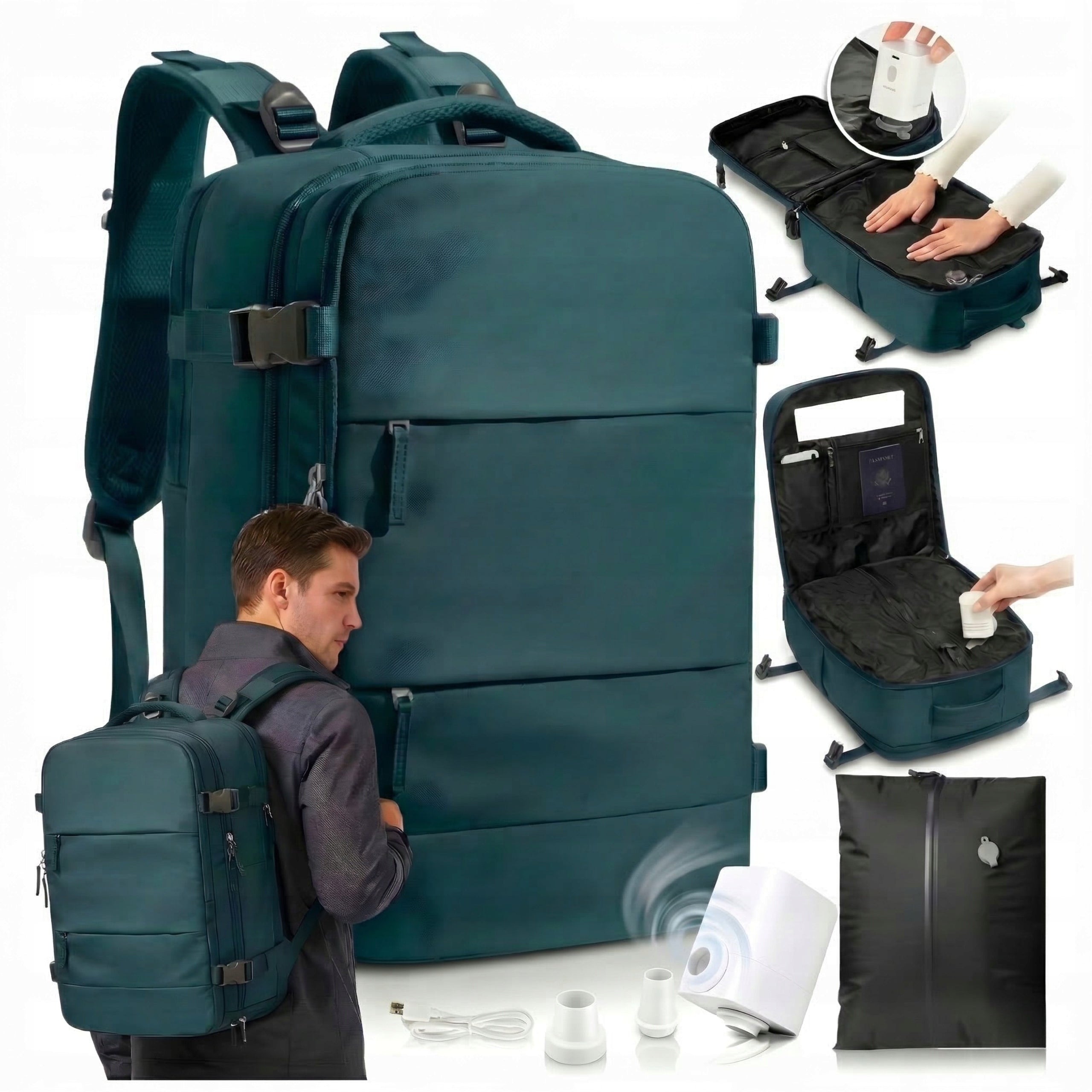 Vacuum Airplane Backpack with USB Pump 40x25x20 Wizzair Ryanair Green