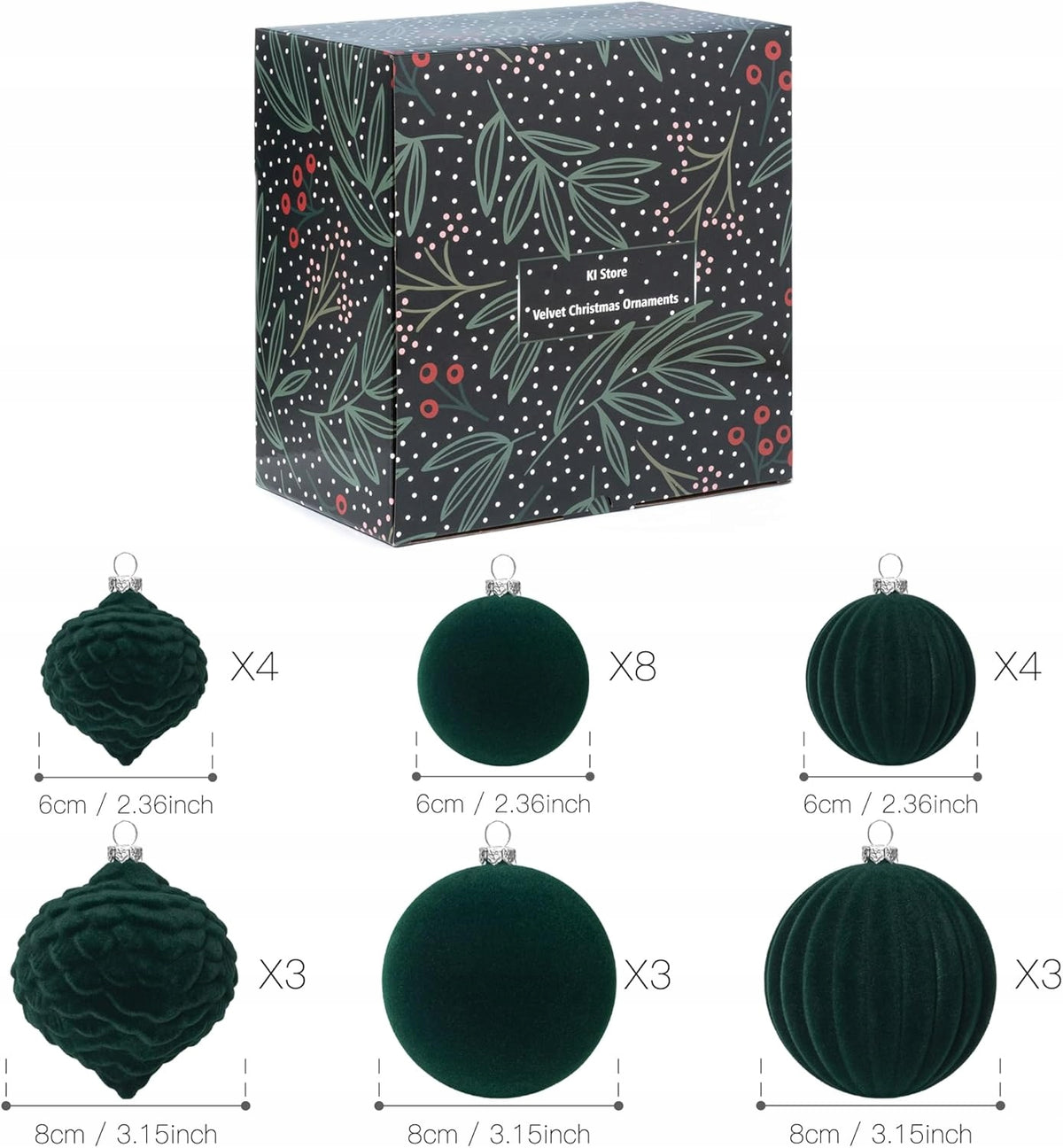 Velvet Christmas Tree Baubles Green 25 pcs 6 and 8 cm Velvet Brand no brand
