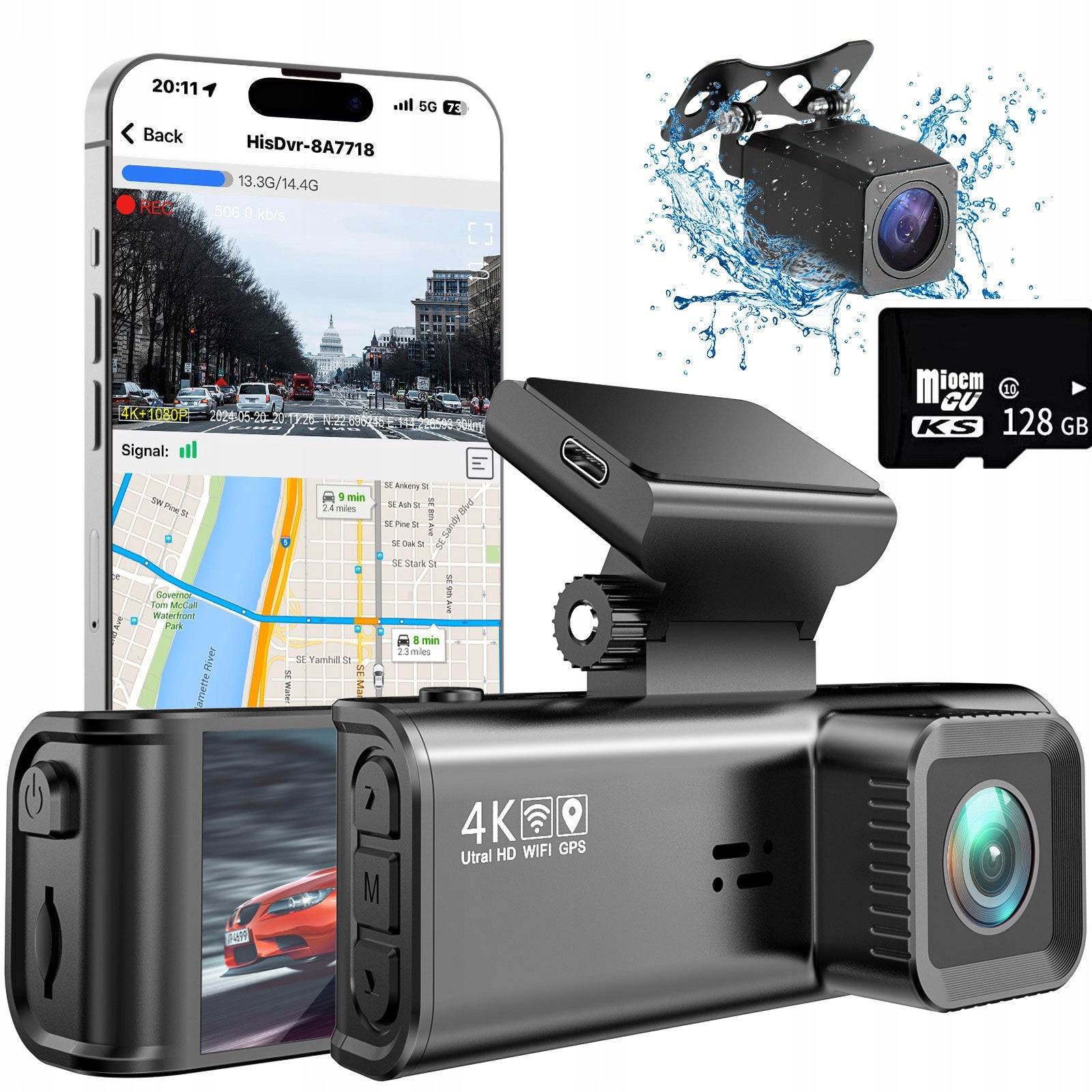 Video Recorder 4K Dual DashCam GPS WiFi Super-Capacitor 128GB