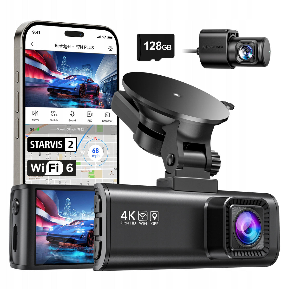 Video Recorder REDTIGER F7NP 4K Dual DashCam GPS WiFi Super-Capacitor 128GB