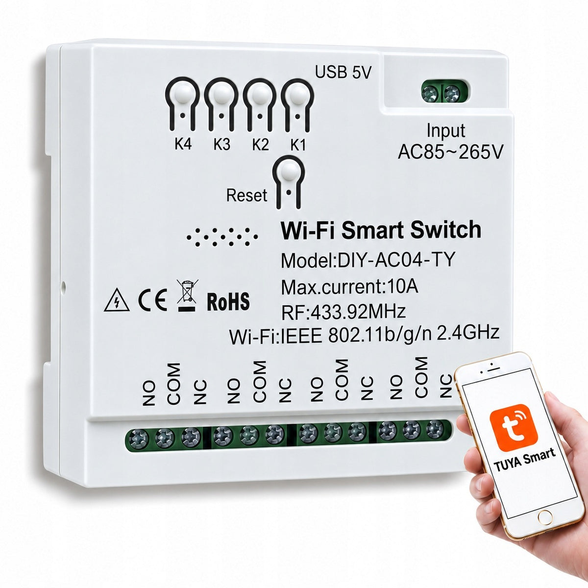 Voltage-free WiFi relay NC NO TUYA controller module 4CH RF 433MHz AC