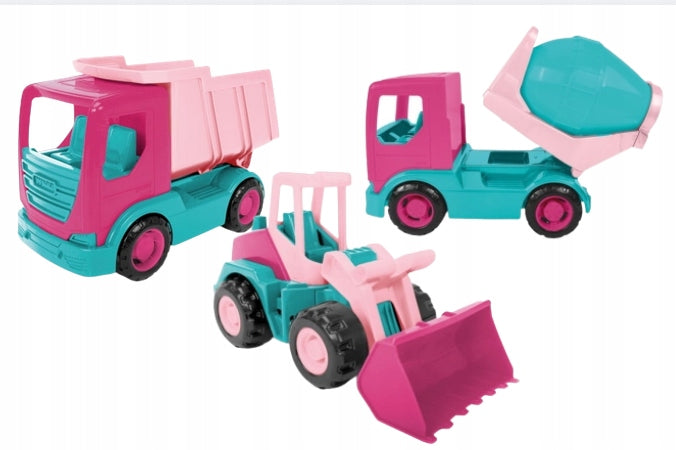 WADER Tech Truck Loader Concrete Mixer Dump Truck Pink Girls Set