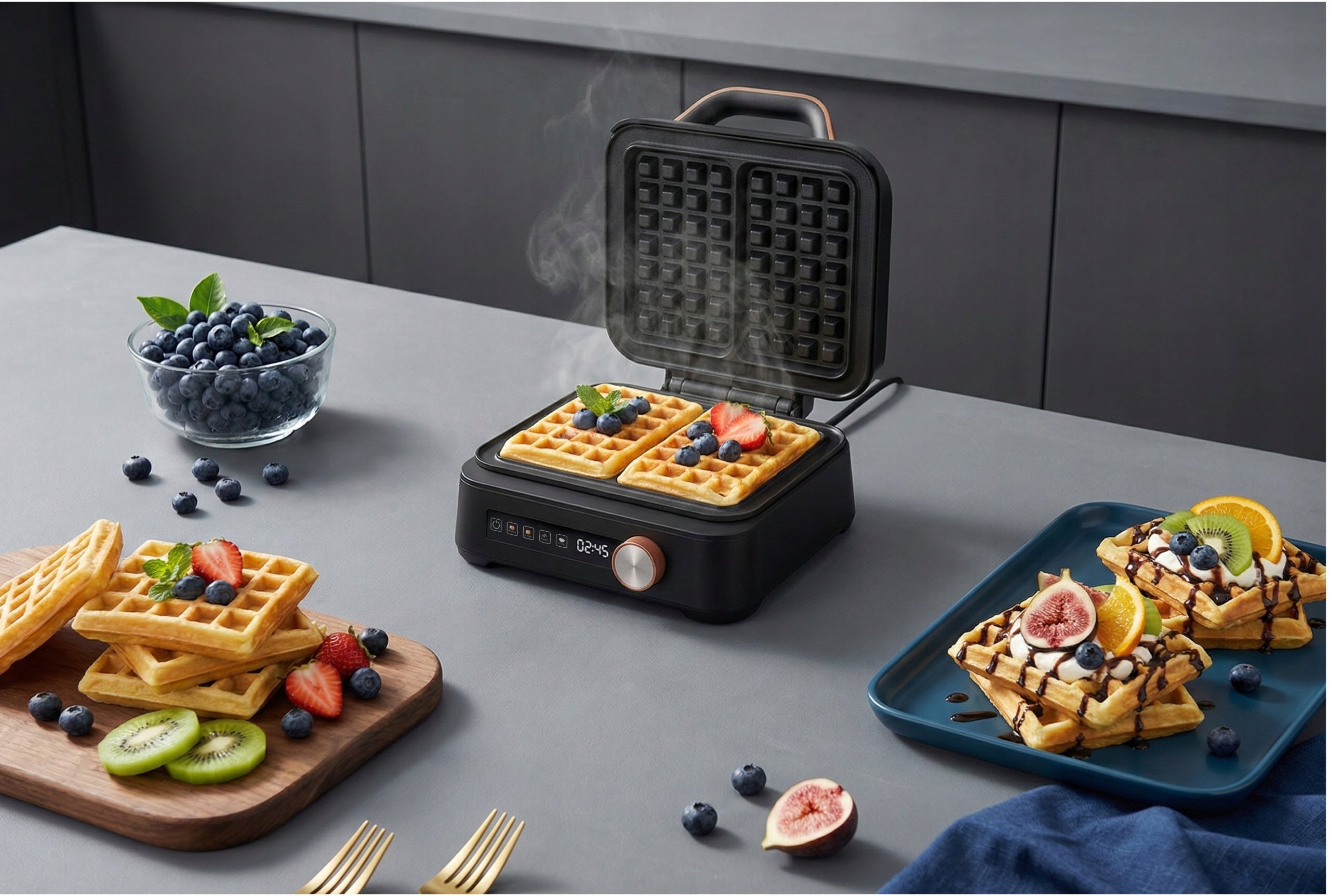 WAFFLE IRON 2 LARGE WAFFLES 4 PROGRAMS STRONG TOUCH COATING PANEL DURLLENTE Manufacturer code GOFROWNICA DURLLENTE