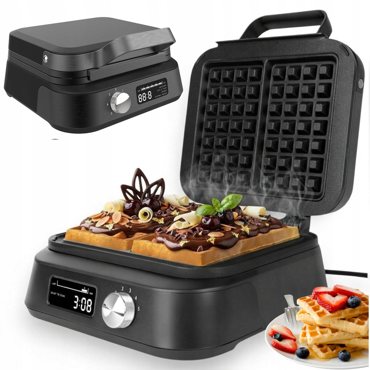 WAFFLE IRON 2 LARGE WAFFLES TEMPERATURE CONTROL SOUND DISPLAY POWER 2200W