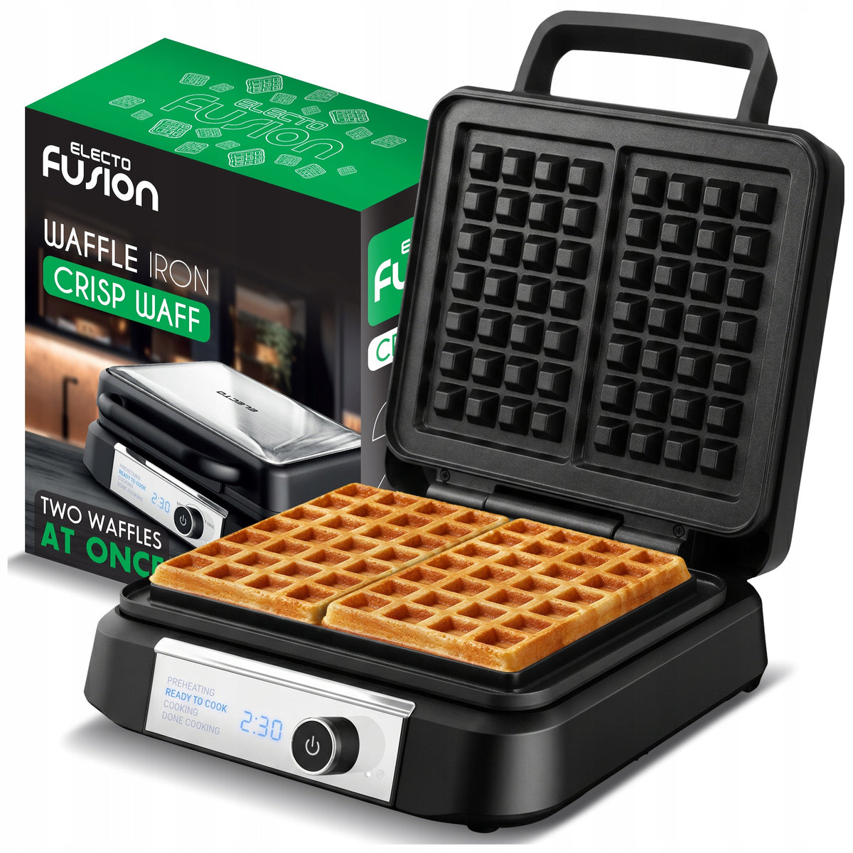 WAFFLE IRON 2200W 2 LARGE CRUNCHY WAFFLE DISPLAY TEMPERATURE CONTROL