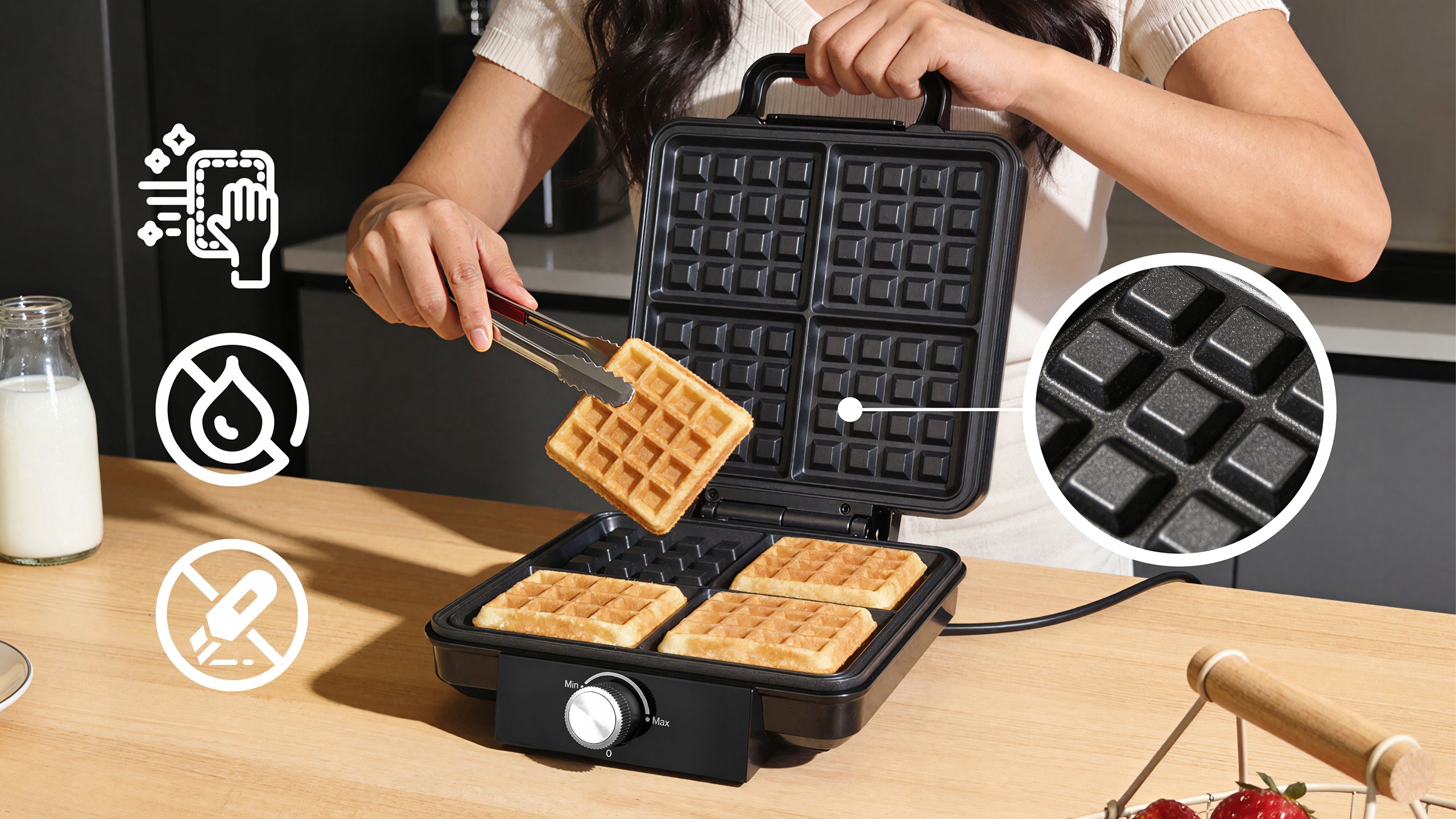 WAFFLE IRON 2200W 4 LARGE WAFFLES CRISP ADJUSTMENT NONSTICK COATING Packaging status original