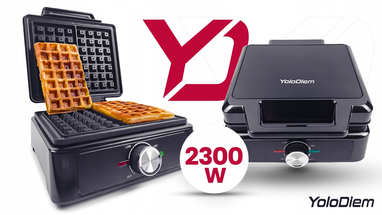 WAFFLE IRON 2300W 2 LARGE WAFFLES CRISP ADJUSTMENT NONSTICK COATING Packaging status original