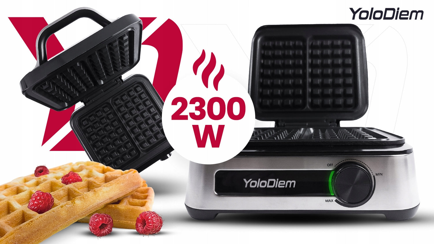 WAFFLE IRON 2300W 2 LARGE WAFFLES NONSTICK COATING BAKING ADJUSTMENT Packaging status original