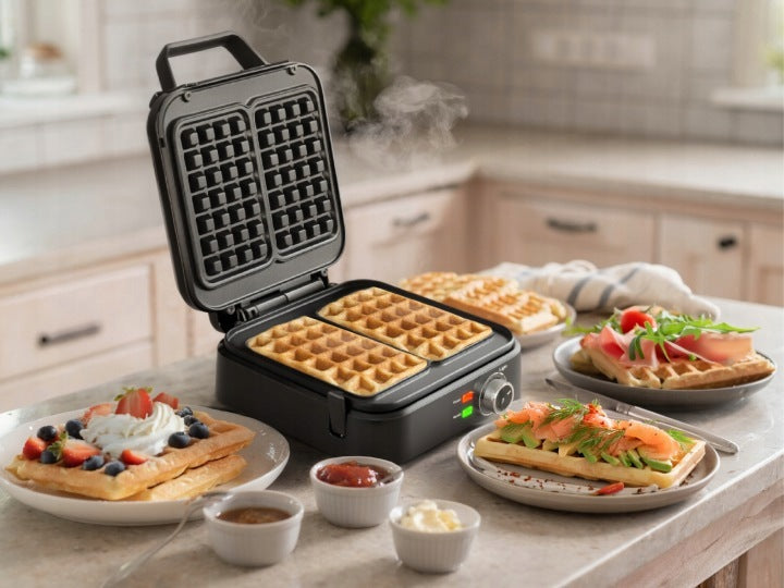 WAFFLE IRON FOR 2 LARGE WAFFLES TEMPERATURE CONTROL NON-LEAKING BLACK Manufacturer code WA900