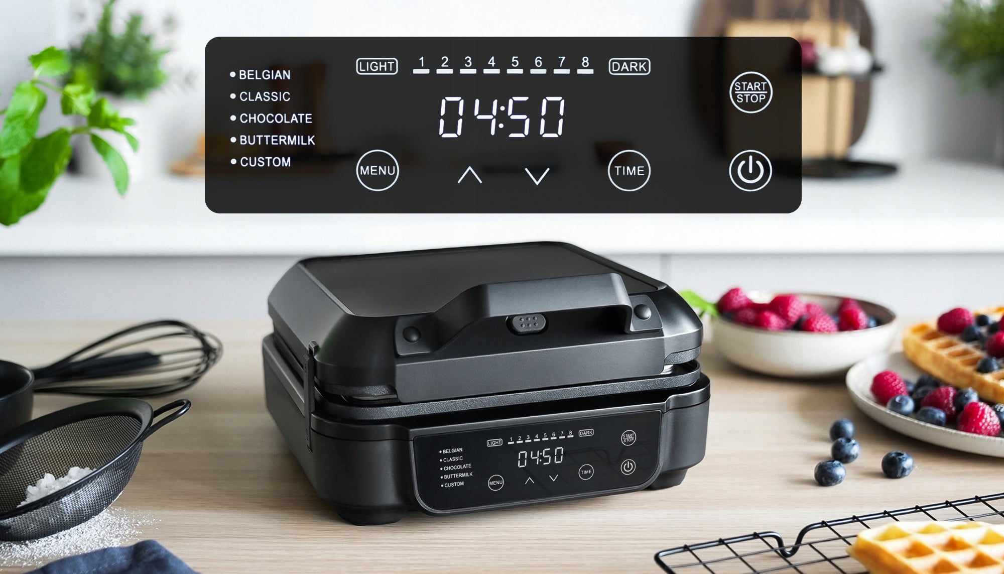 WAFFLE MAKER 2 LARGE WAFFLES GENIUS 2200 5 PROGRAMS 8 DEGREES BAKING Packaging status original