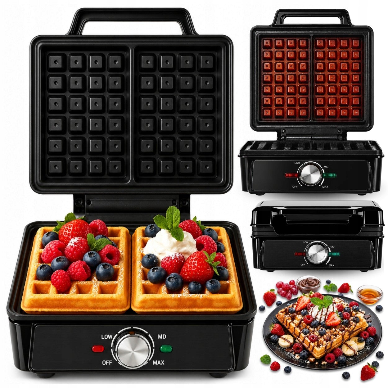 WAFFLE MAKER 2000W WAFFLE TOASTER TEMPERATURE CONTROL BLACK NON-STICK