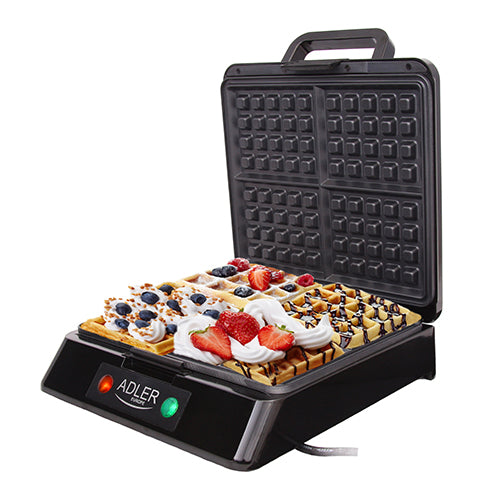 WAFFLE MAKER 4 CRISPY WAFFLES HIGH POWER 1500W COVER WITH LATCH + RECIPE Brand ADLER