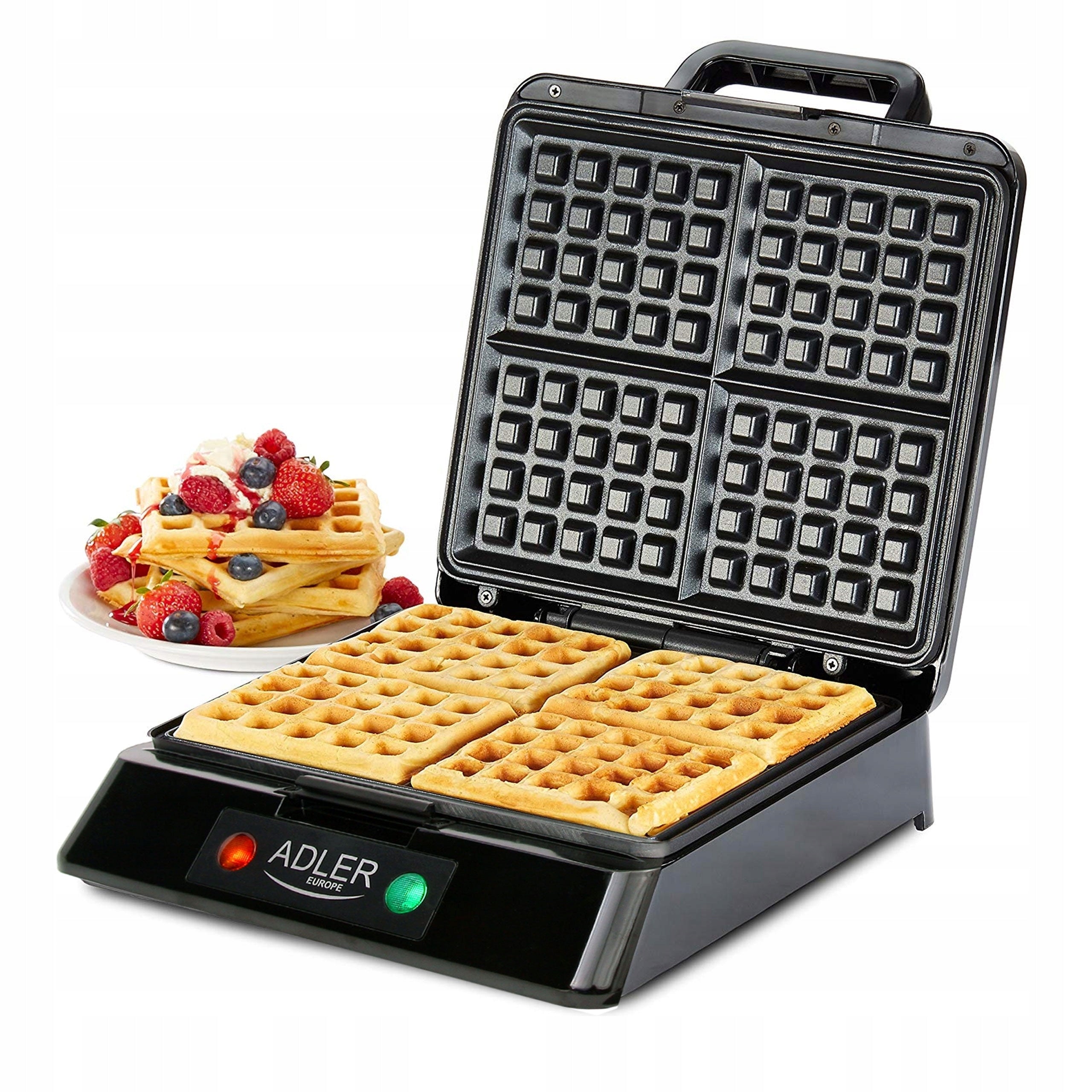 WAFFLE MAKER 4 CRISPY WAFFLES HIGH POWER 1500W COVER WITH LATCH + RECIPE