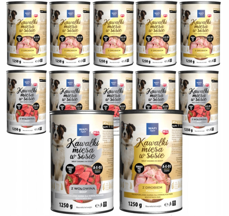 WAFI WET DOG FOOD PIECES IN SAUCE MIX OF FLAVORS 12X1250G CAN