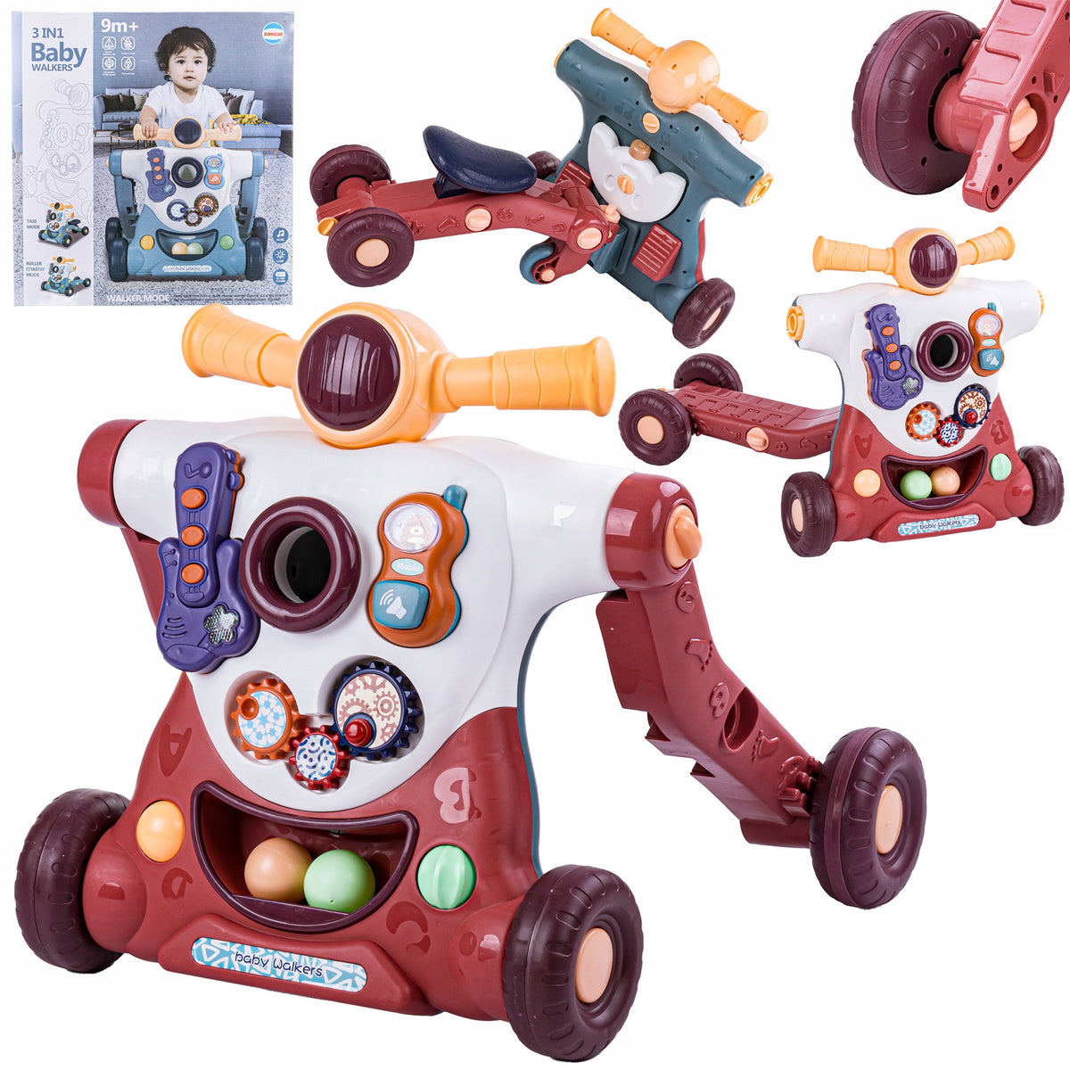 WALKER PUSHER EDUCATIONAL INTERACTIVE FOR CHILDREN 3in1 SCOOTER BROWN
