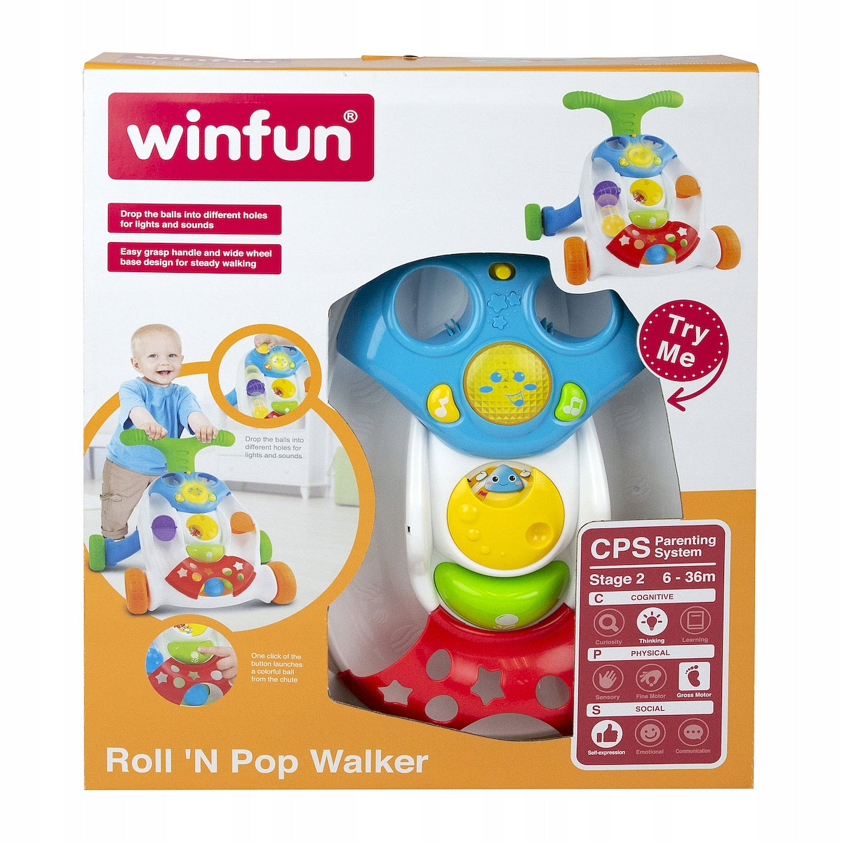 WALKER PUSHER FOR LEARNING TO WALK WITH balls Game Glows Smily Play 000829 Packaging status original