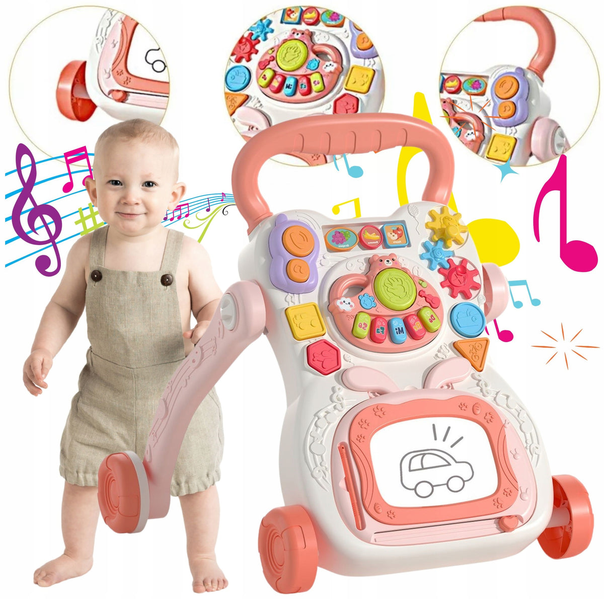 WALKER PUSHER INTERACTIVE EDUCATIONAL PANEL BOARD FOR CHILDREN PINK 18M+