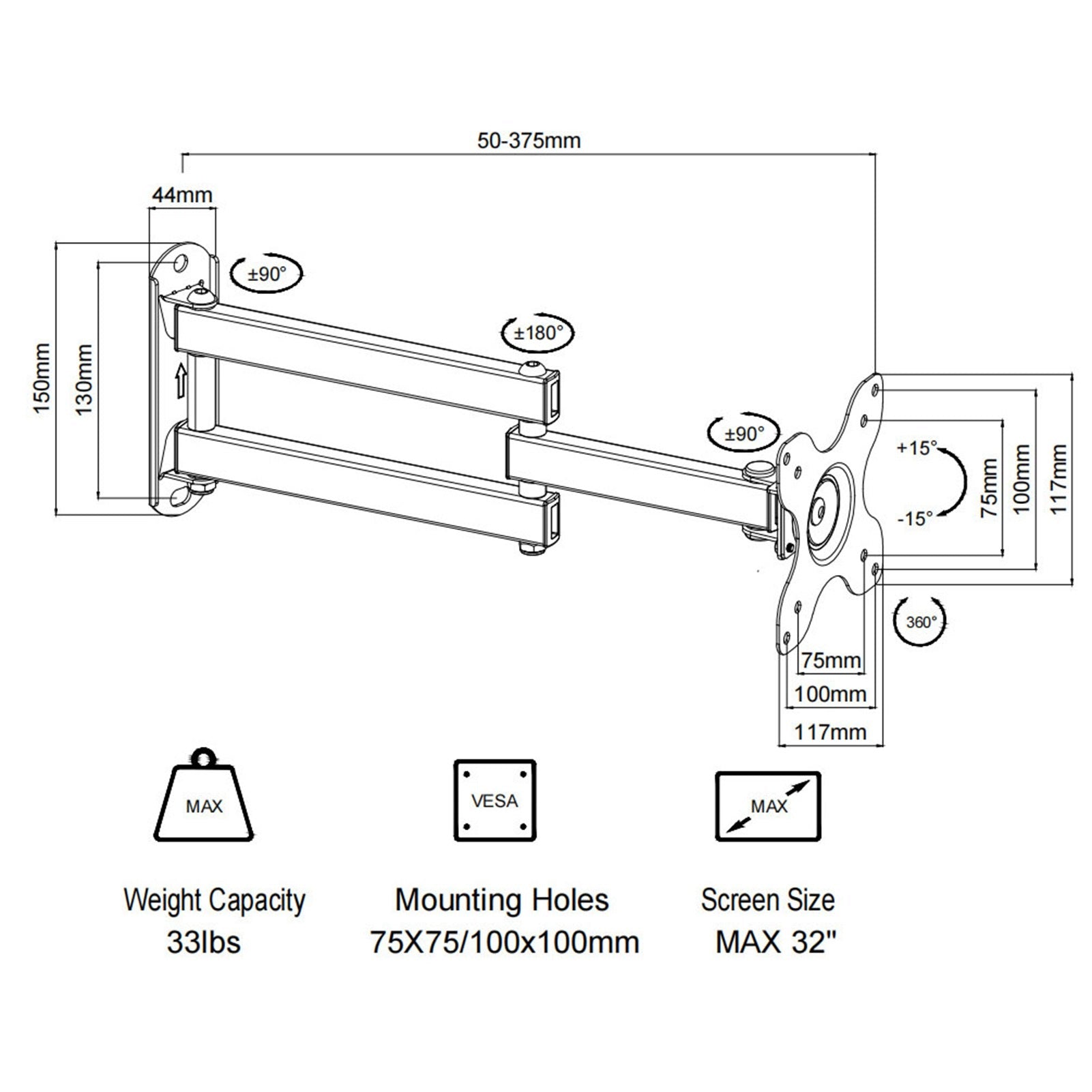 WALL MOUNT FOR TV MONITOR 32 VESA 75 100 ADJUSTABLE 15KG STEEL Packaging status original