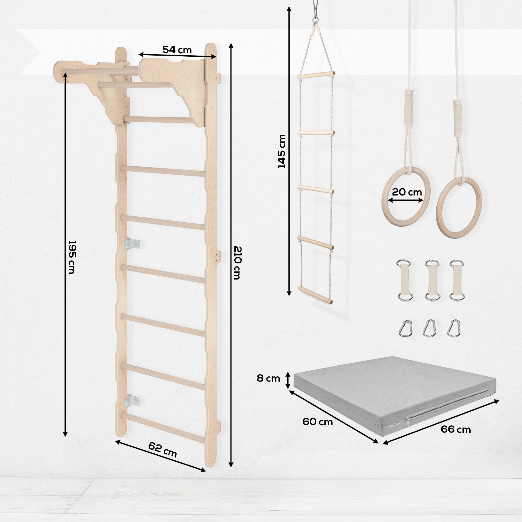 WALL-MOUNTED LADDER + HANDLE+ RINGO+ ROPE LADDER+ MATTRESS Packaging status original