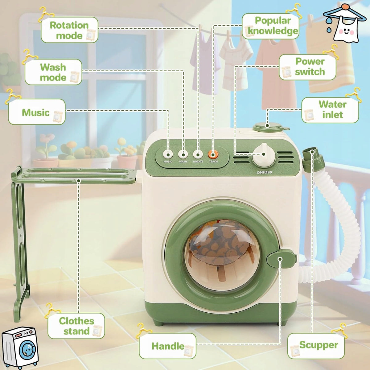 WASHING MACHINE FOR CHILDREN WITH SOUND! LAUNDRY TOY, REALISTIC! GIFT Brand deAO
