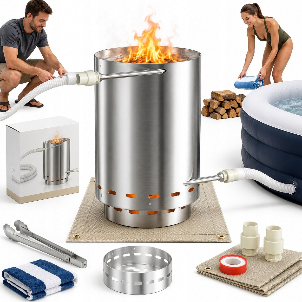 WATER HEATER FOR POOL FIREPLACE JACUZZI FOR WOOD STAINLESS STEEL SET