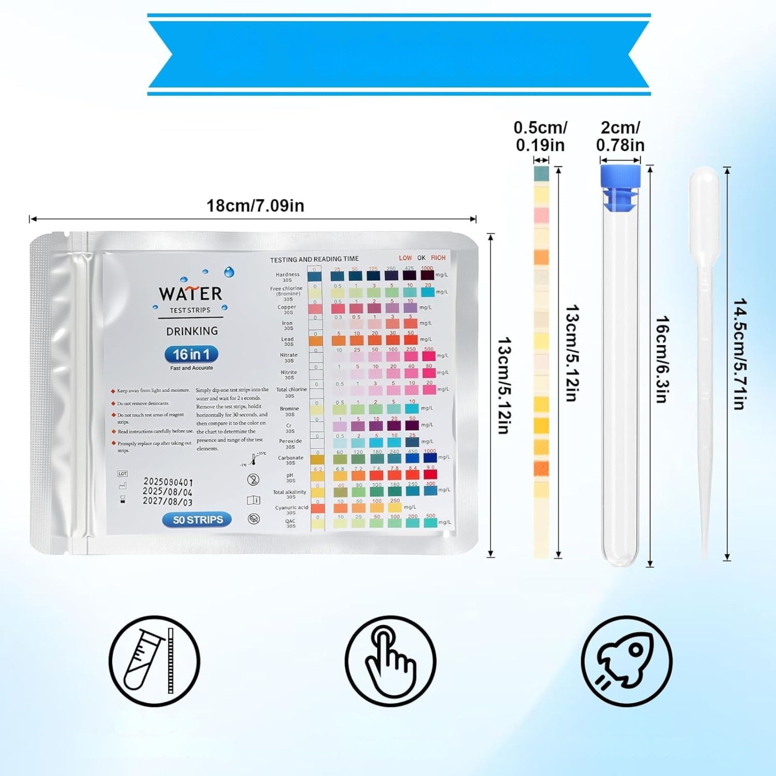 WATER QUALITY HARDNESS TESTER PH ACCURATE METER SET 16IN1 STRIP 50pcs Manufacturer code WTS-16IN1-50PCS-PRO