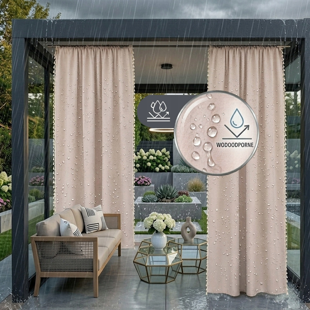 WATERPROOF GARDEN CURTAIN - TERRACE GAZEBO TASSELS BOHO SAND 80x200 Packaging status original