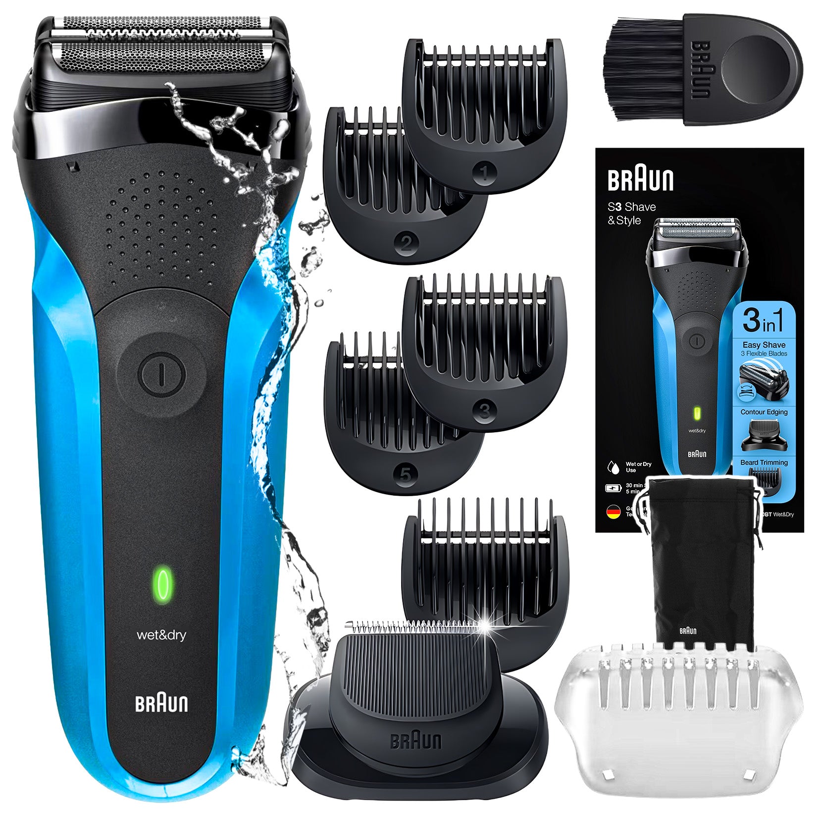 WATERPROOF MEN'S SHAVER BRAUN SERIES 3 310BT WET&DRY + TRIMMER 5 + ATTACHMENTS Packaging status original