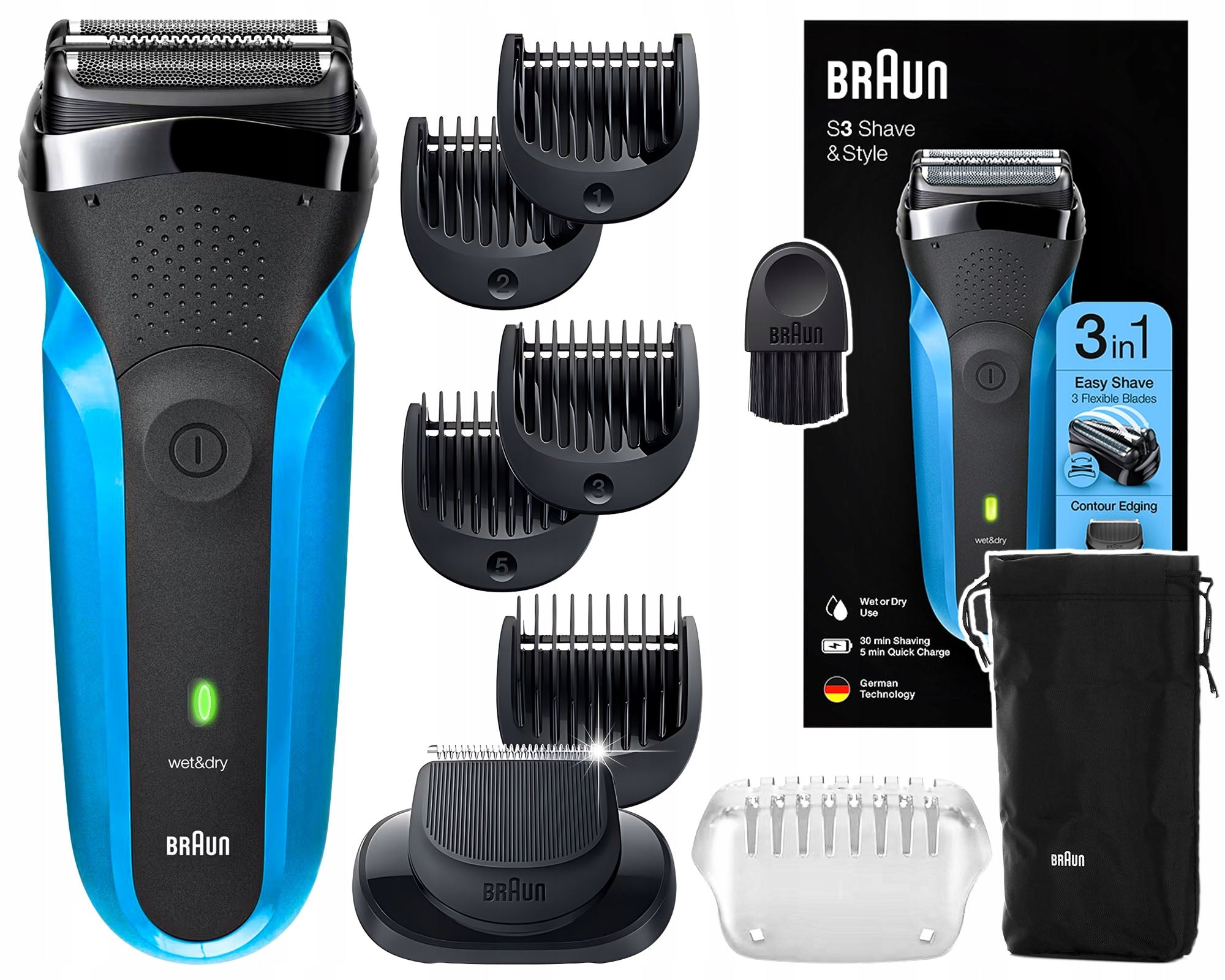 WATERPROOF MEN'S SHAVER BRAUN SERIES 3 310BT WET&DRY + TRIMMER 5 + ATTACHMENTS