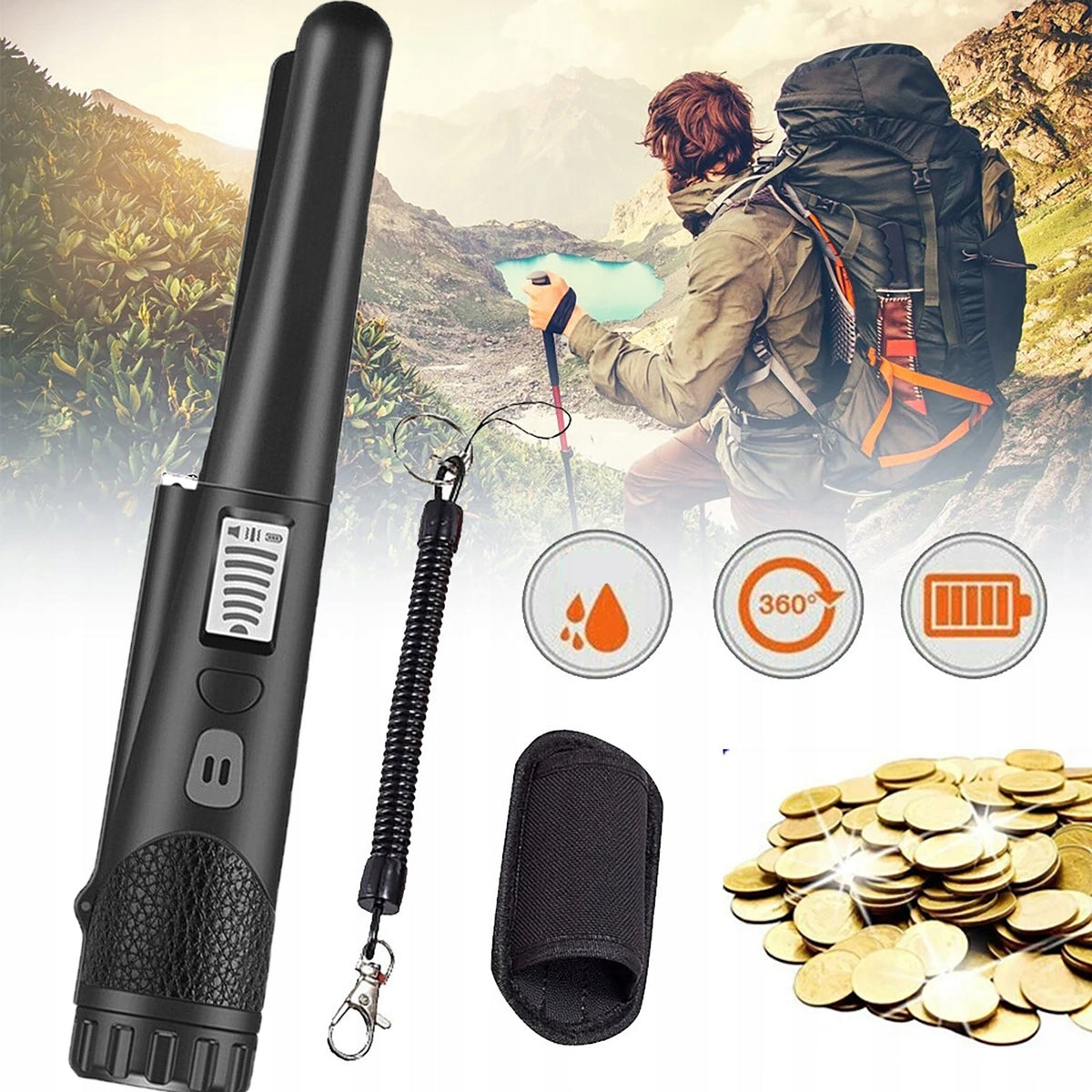 WATERPROOF METAL PINPOINTER DETECTOR WITH LCD SCREEN 3 MODES BLACK