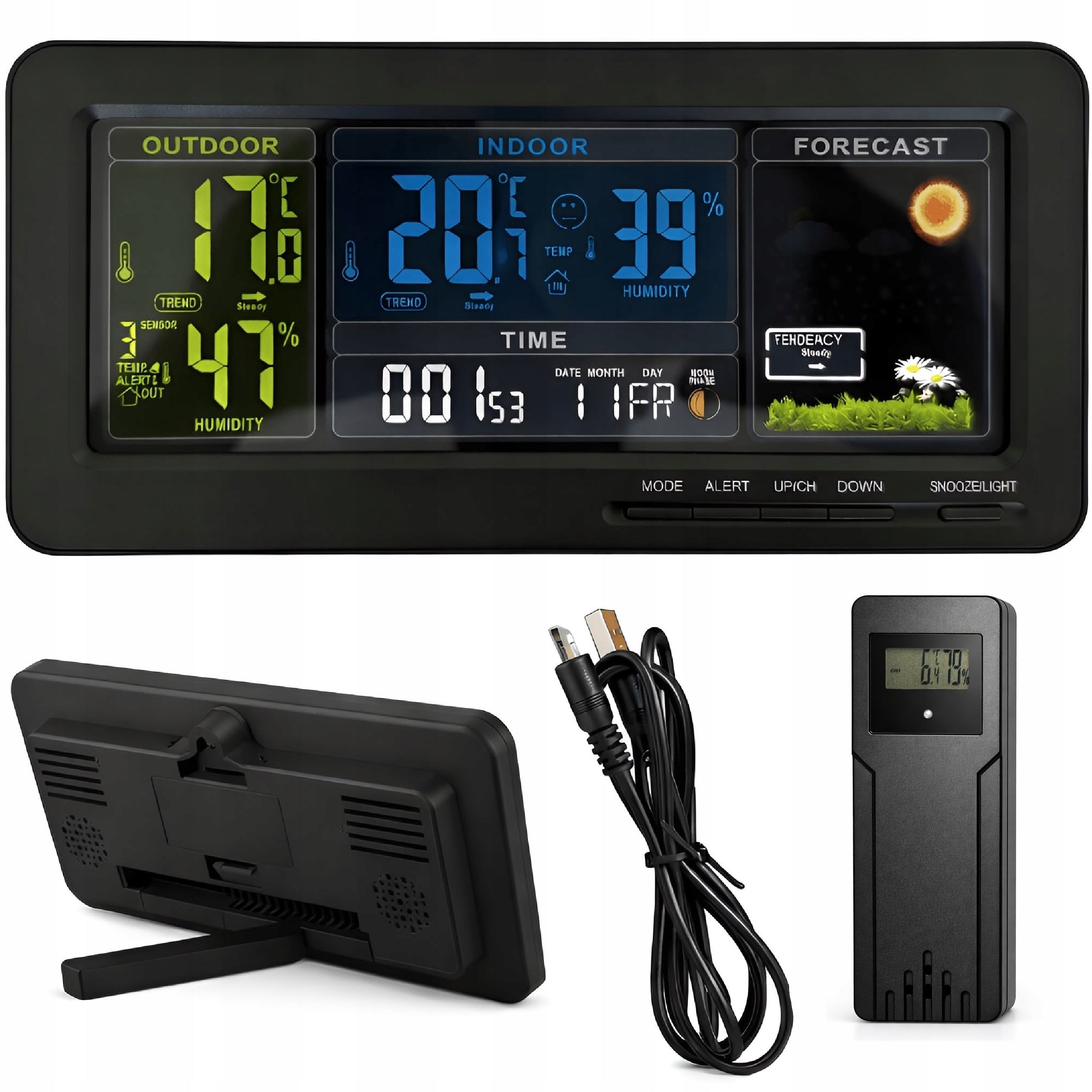 WEATHER STATION HYGROMETER PROBE WIRELESS CLOCK WEATHER FORECAST BLACK