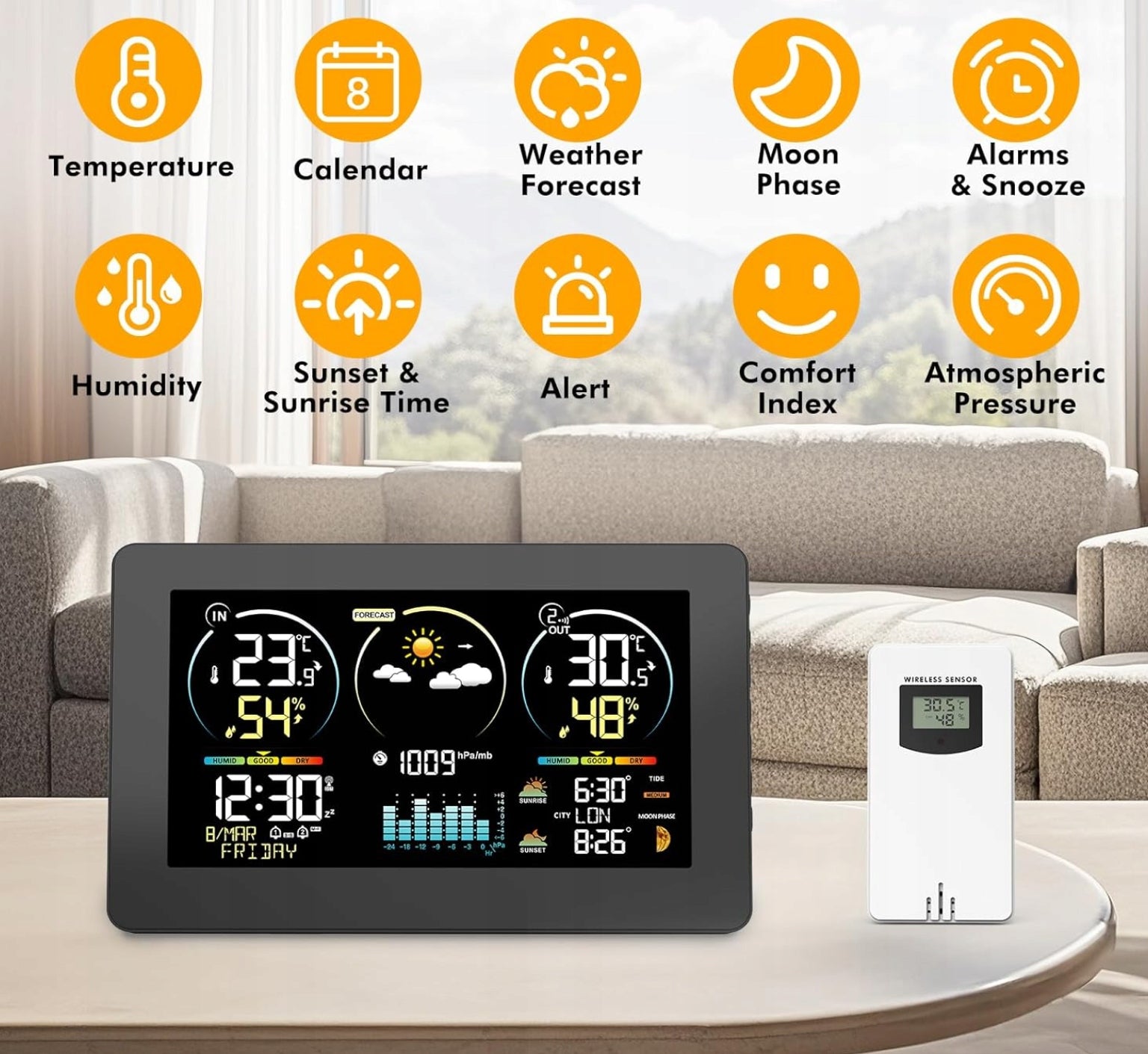 WEATHER STATION METEO HYGROMETER BAROMETER THERMOMETER CLOCK SENSOR Packaging status original