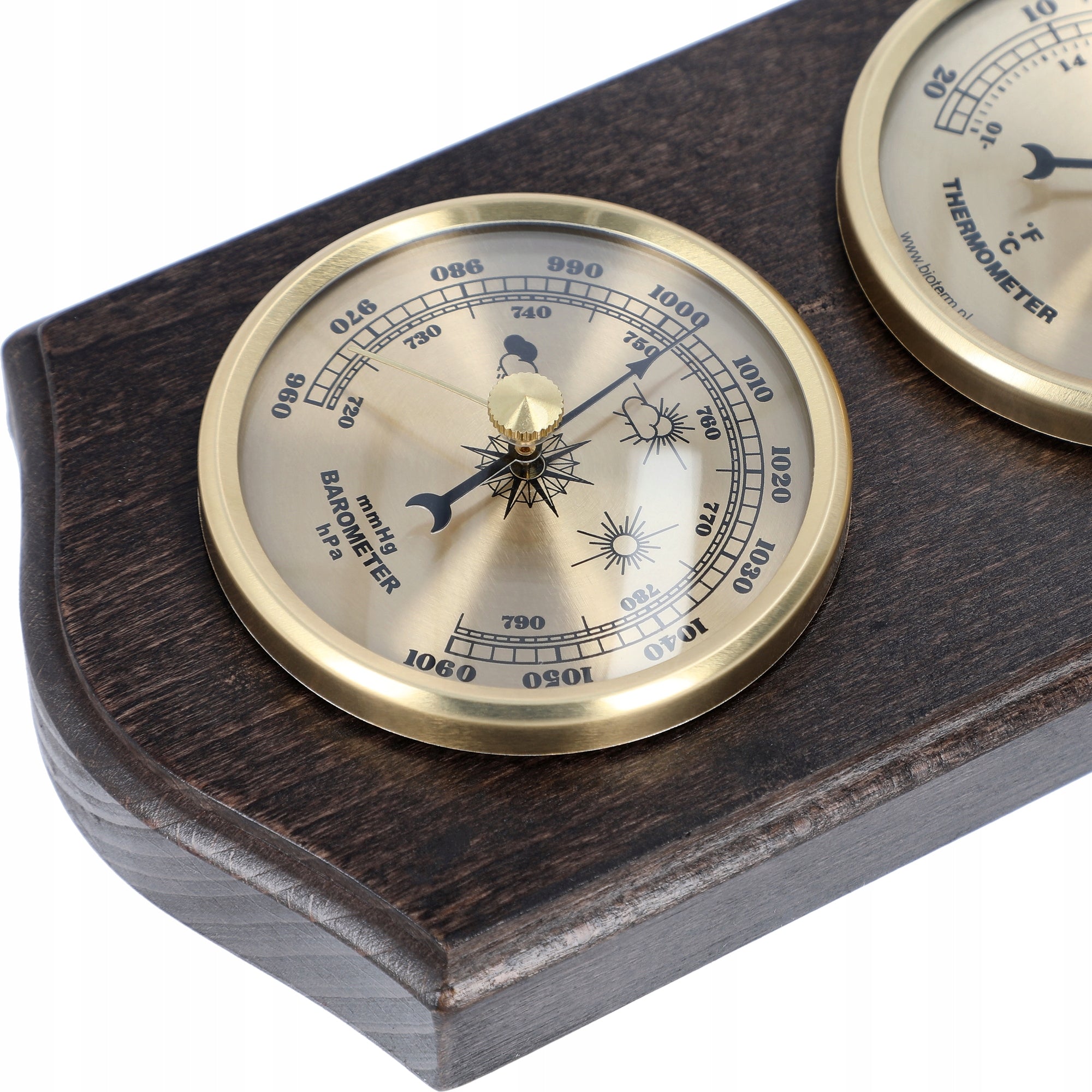 WEATHER STATION retro - gold dials BAROMETER THERMOMETER HYGROMETER color walnut Batteries included no