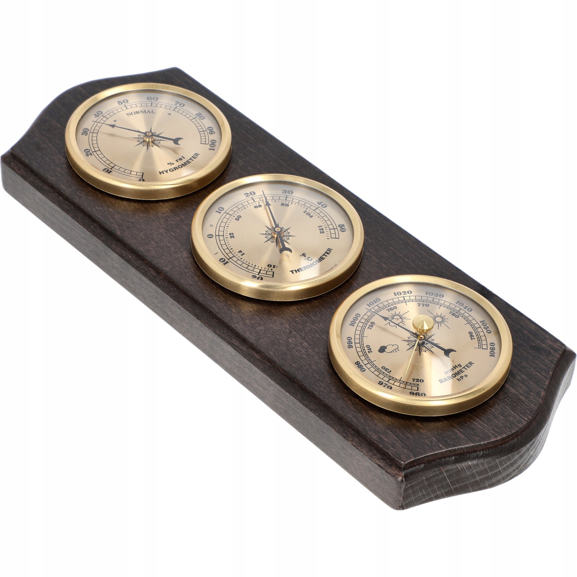 WEATHER STATION retro - gold dials BAROMETER THERMOMETER HYGROMETER color walnut Brand Browin