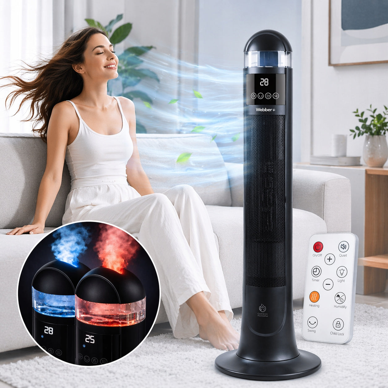 WEBBER 2200W CERAMIC COLUMN HUMIDIFIER LED OSCILLATION Packaging status original