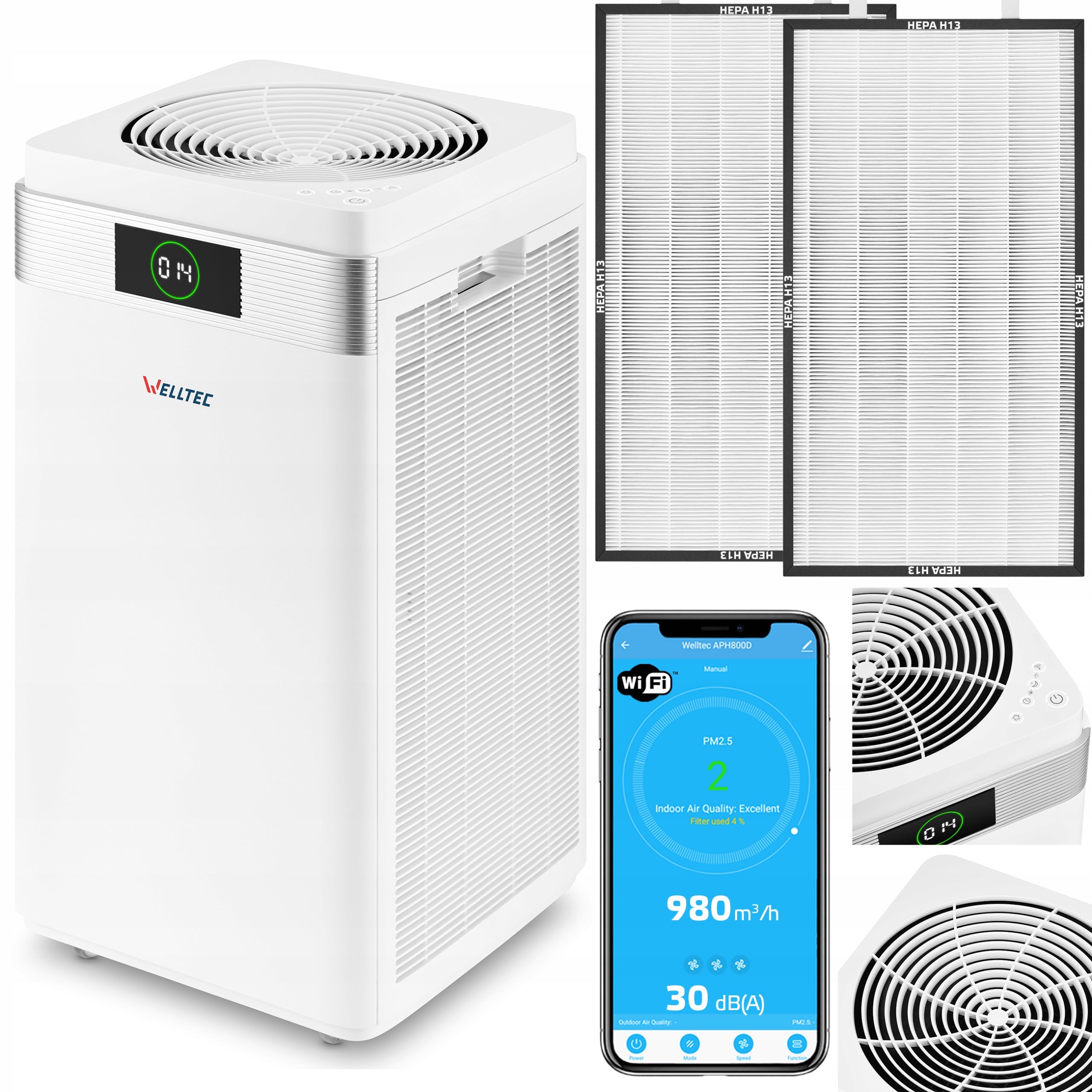 WELLTEC APH1000D 200m² 2xHEPA H13 WiFi UV LAMPS