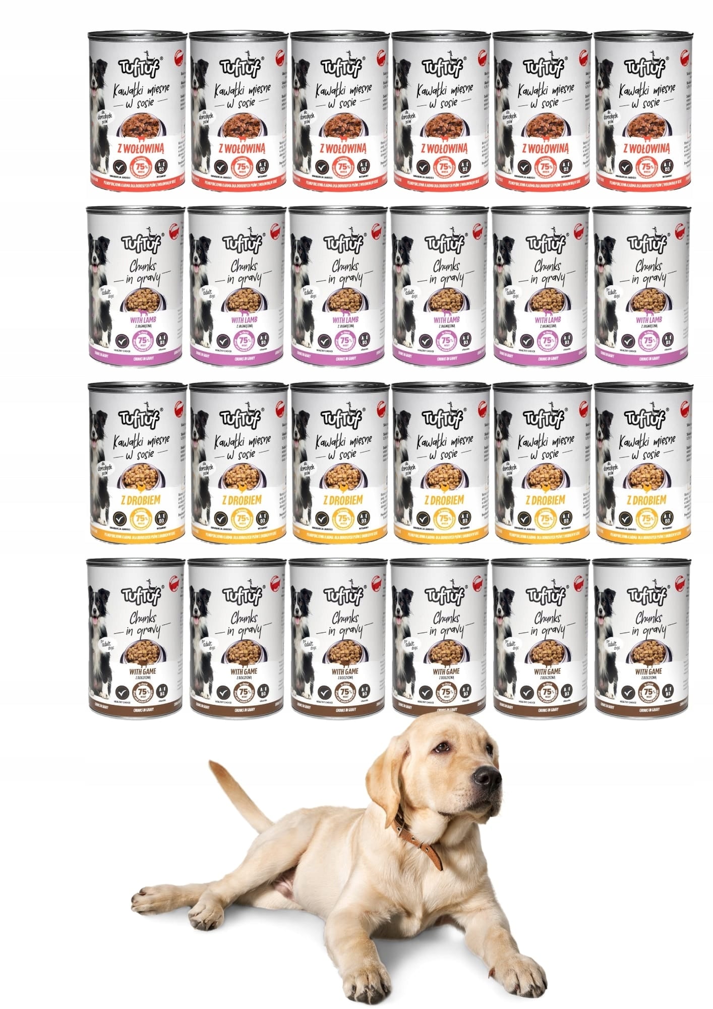 WET DOG FOOD 75% MEAT MIX 24x415g. 9,96 kg PIECES TUF TUF