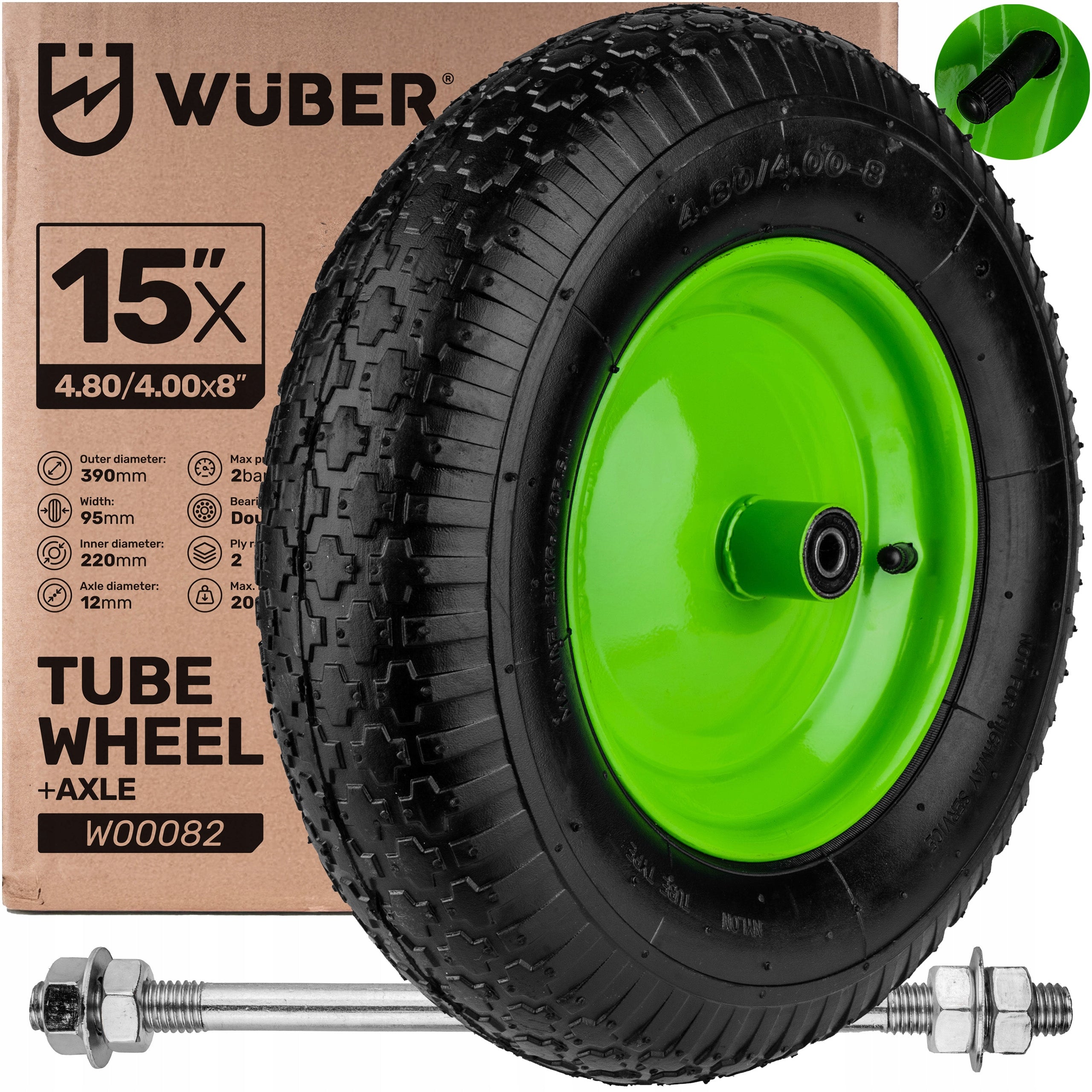 WHEELBARROW WHEEL 15" 4,8/4,00x8 2PR 200KG STRONG WITH INNER TUBE PUMPED WUBER