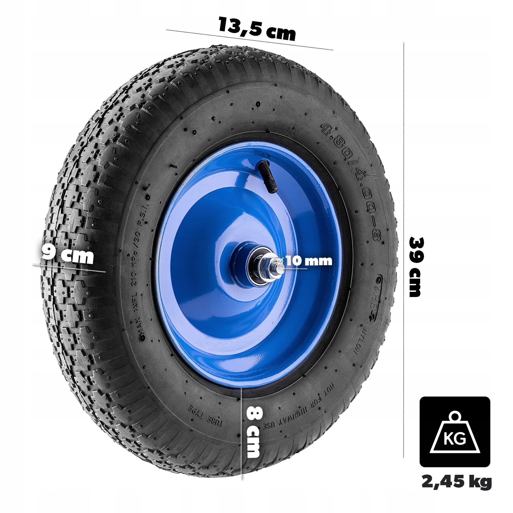 WHEELBARROW WHEEL 4PR 390x90mm 4.80/4.00-8 WHEELBARROW PUMPED WITH INNER TUBE + AXLE Kind ring
