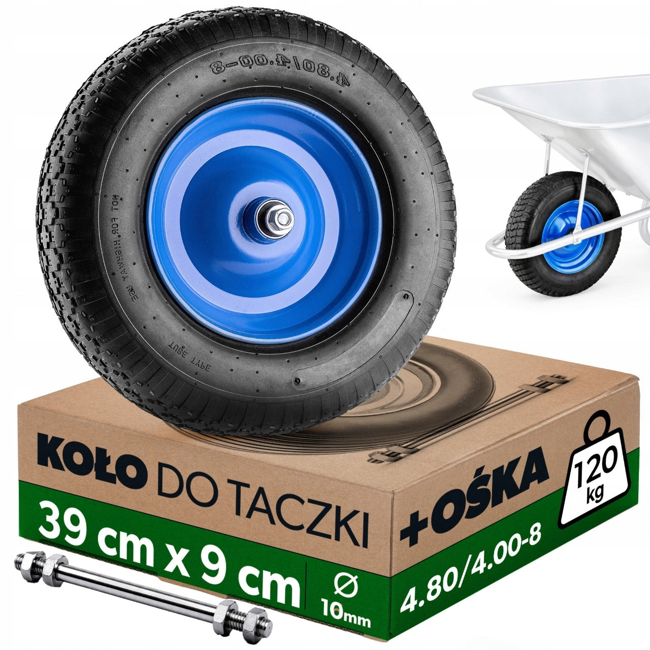 WHEELBARROW WHEEL 4PR 390x90mm 4.80/4.00-8 WHEELBARROW PUMPED WITH INNER TUBE + AXLE