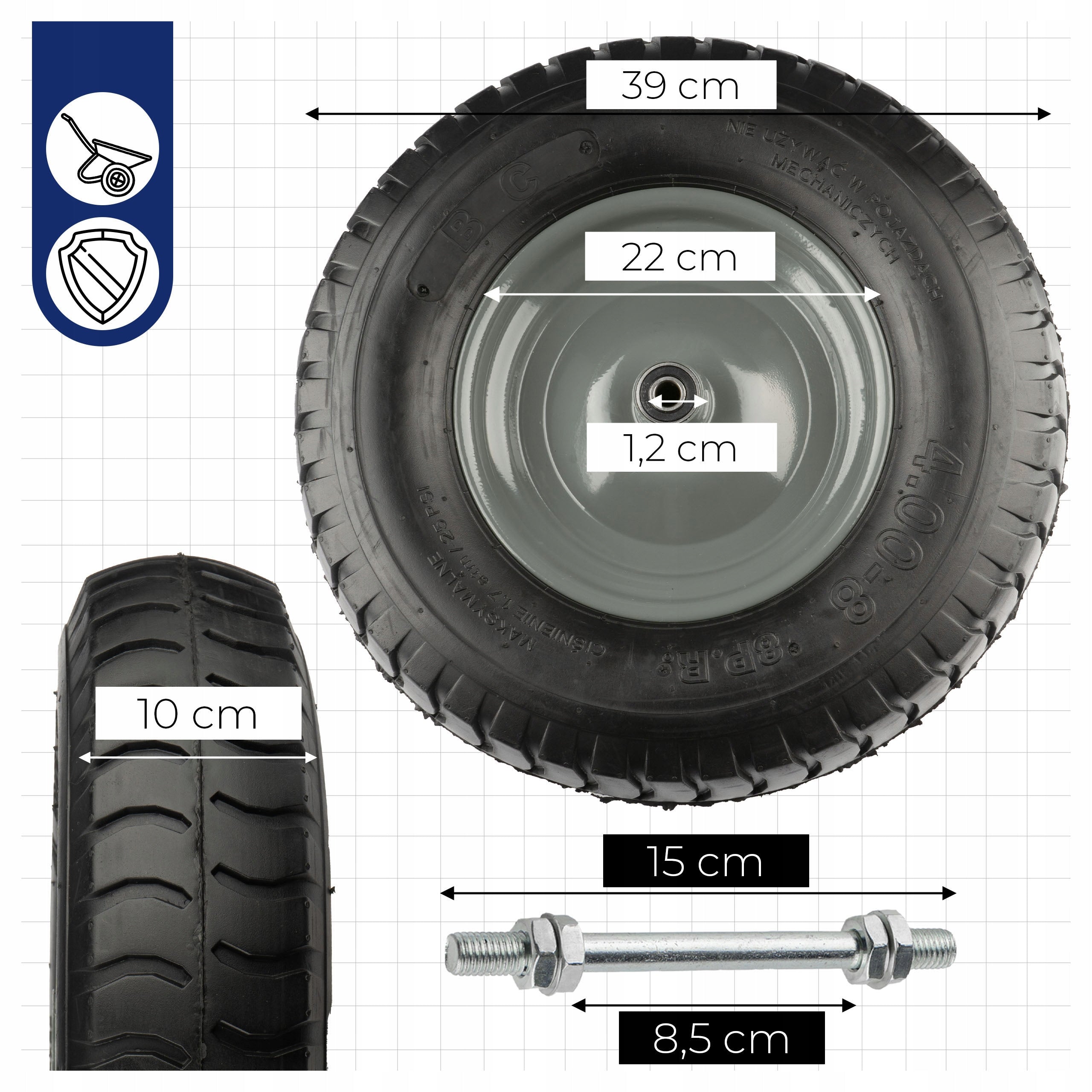 WHEELBARROW WHEEL Begris 400x8 Original Strong 8PR Pumped with inner tube 230kg Packaging status original