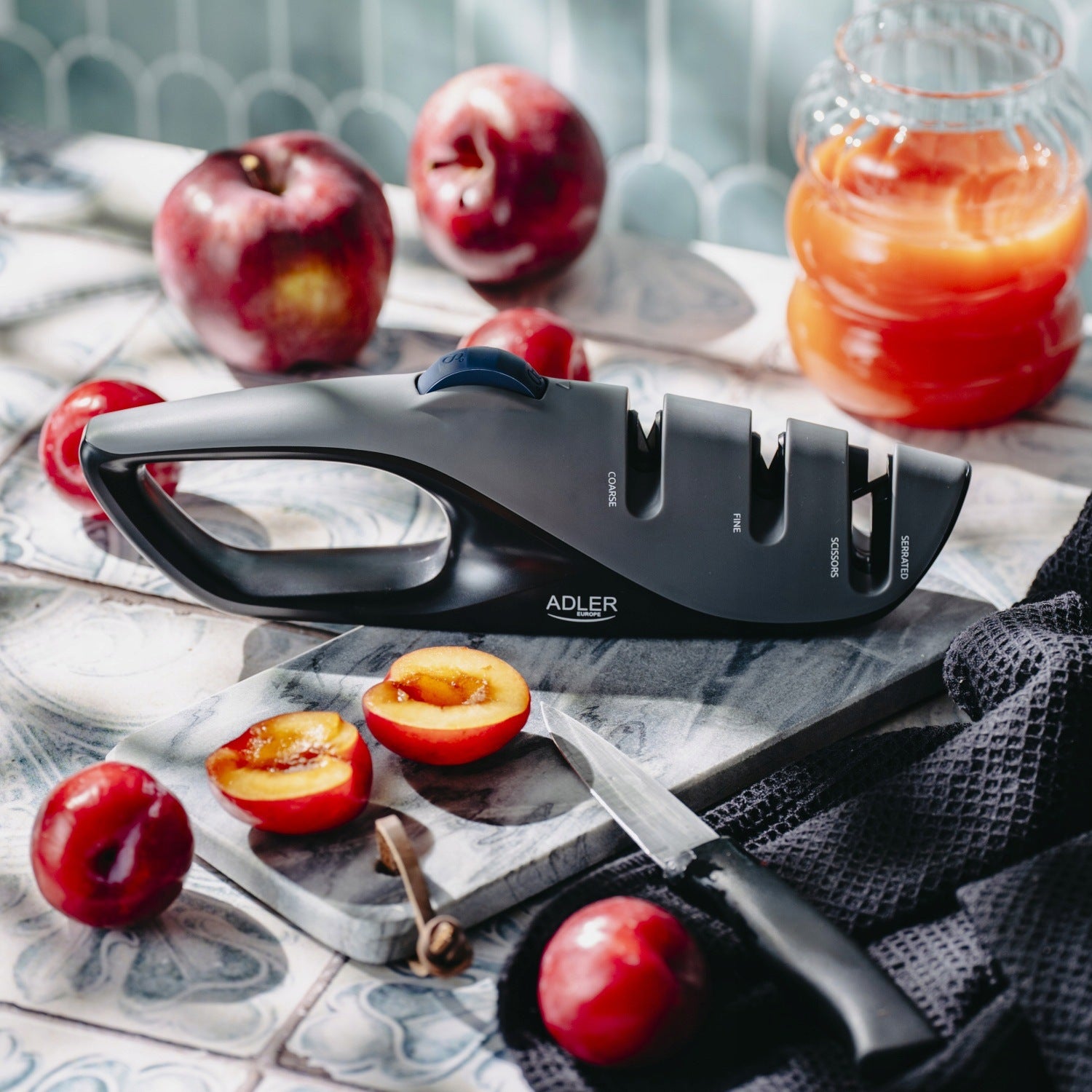WHETSTONE KNIFE SHARPENER WITH ADJUSTABLE ANGLE 15-24° SERRATED SHEARS Brand ADLER