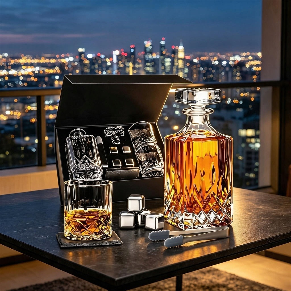 WHISKEY DECANTER GIFT SET CUBES STEEL ICE BAG Series SUPERO BARTENDER KIT SLIVER